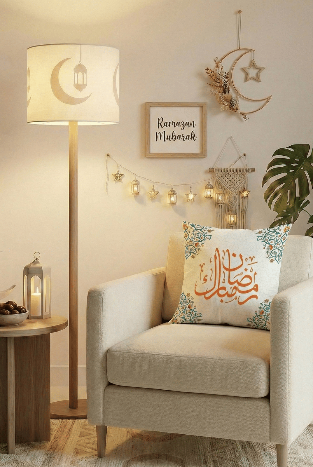 Mavi Turuncu Motifli Ramazan Temalı 4'lü Kırlent Kılıfı 1 Runner Seti 4kMBS332-RS