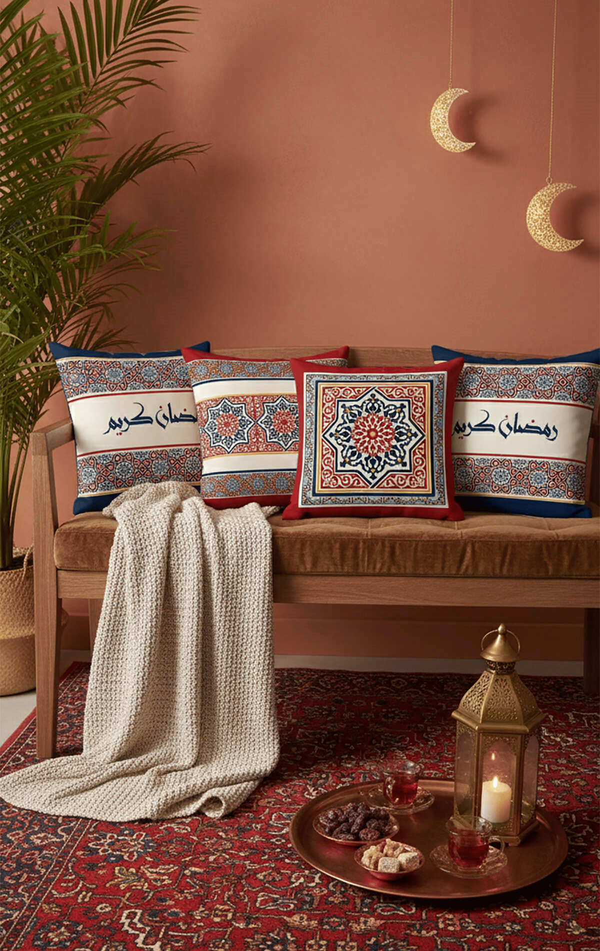 Mavi Kırmızı Motifli Ramazan Temalı 4'lü Dijital Baskılı Kırlent Kılıfı Seti 4KMBS334