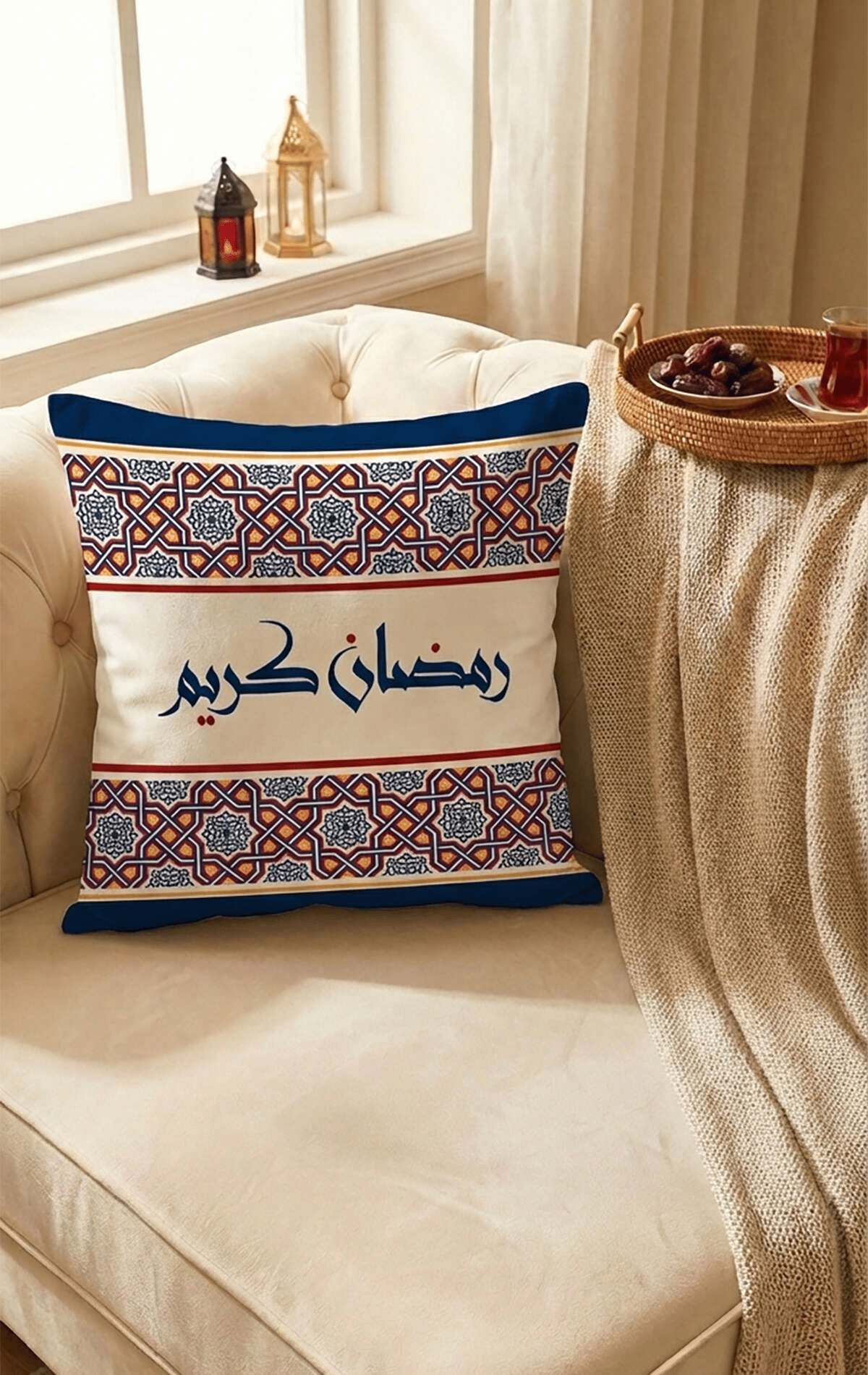 Mavi Kırmızı Motifli Ramazan Temalı 4'lü Kırlent Kılıfı 1 Runner Seti 4KMBS334-RS