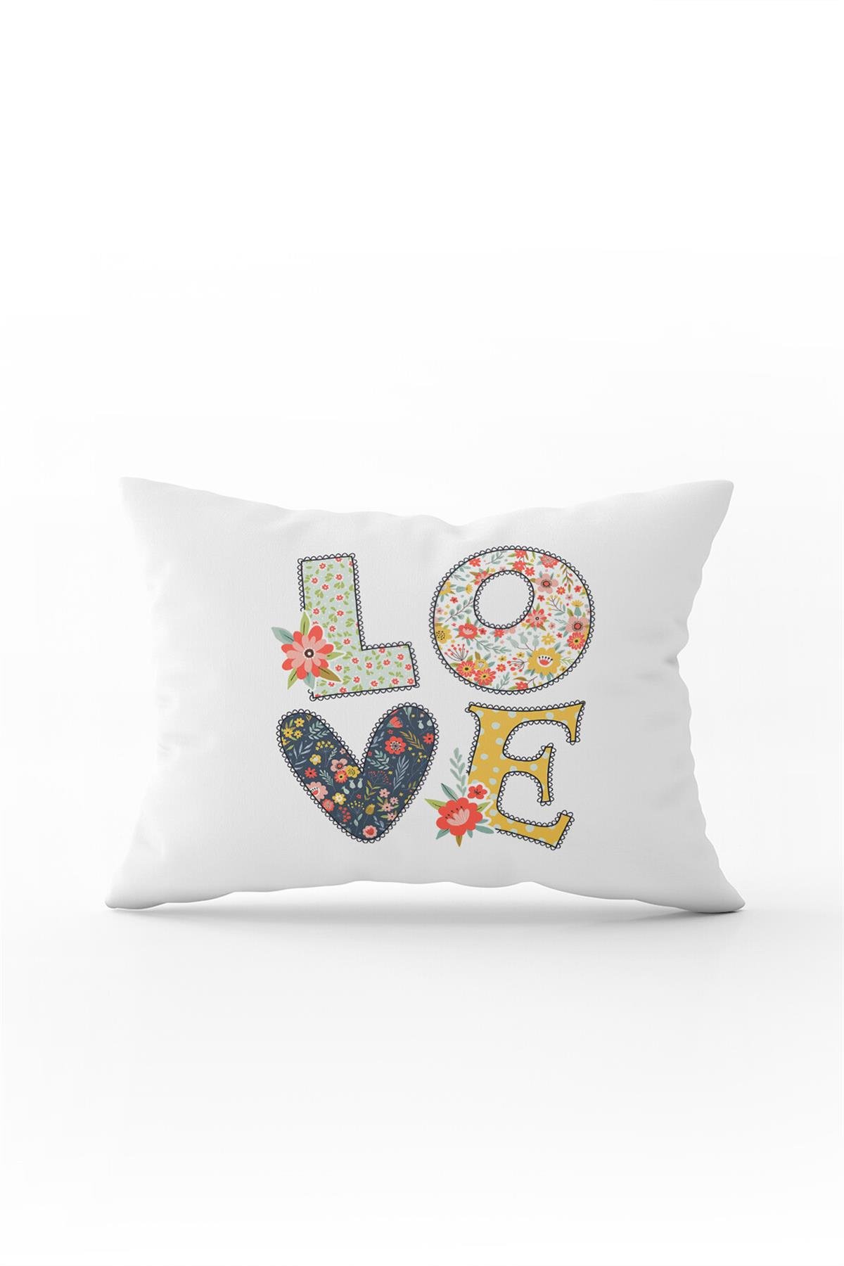 Çift Taraflı 35x50 Beyaz Çiçekli Love Yazılı Kırlent Yastık Kılıfı - CGH125-3550
