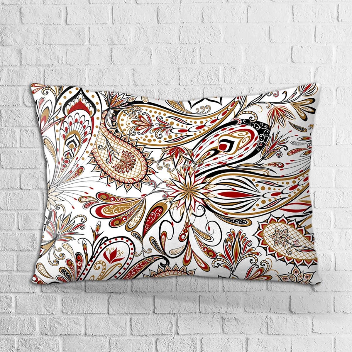 Çift Taraflı 35x50 Beyaz Kırmızı Etnik Motif Desenli Dijital Baskılı Kırlent Kılıfı - OTYK320-3550