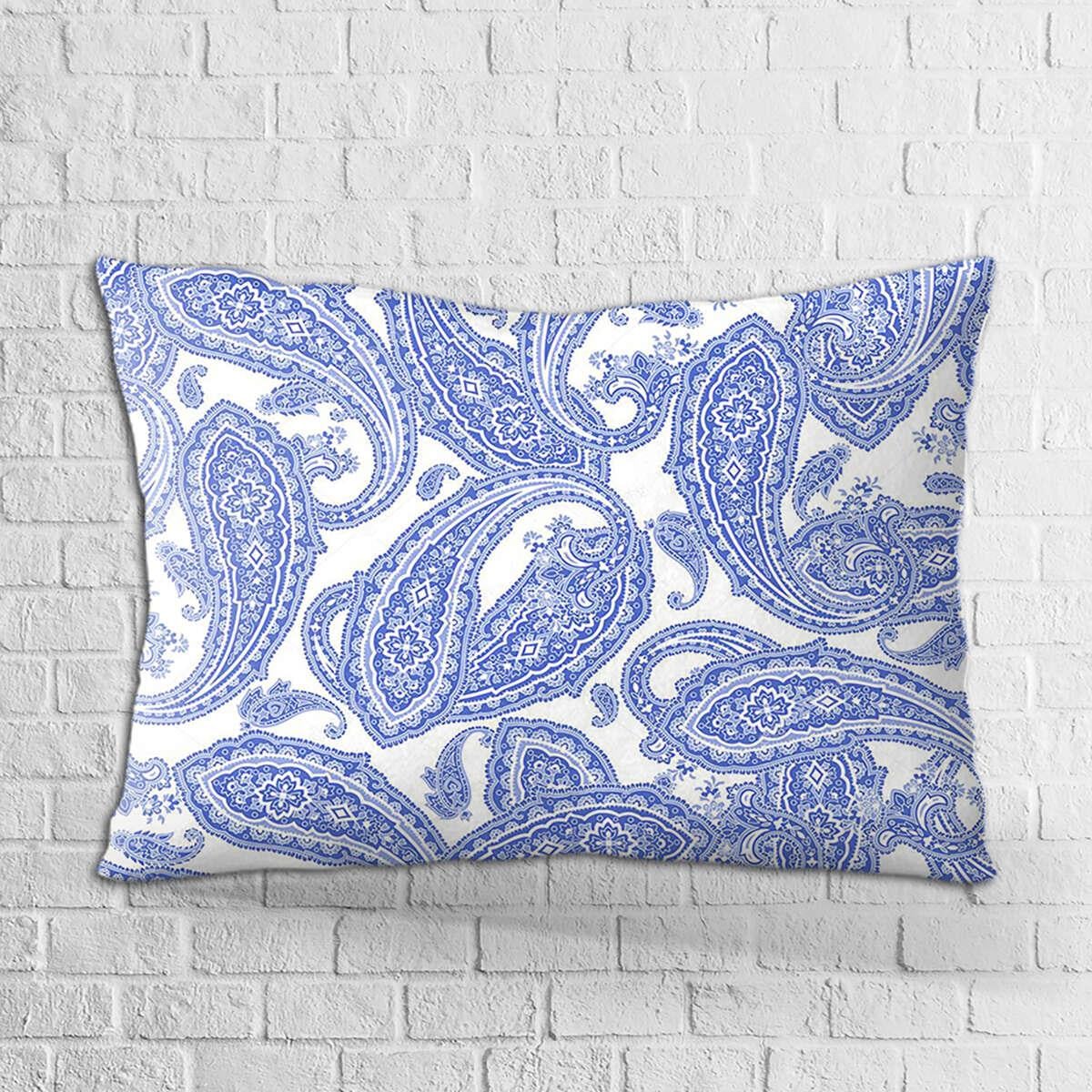 Çift Taraflı 35x50 Beyaz Mavi Etnik Motif Desenli Dijital Baskılı Kırlent Kılıfı - OTYK338-3550