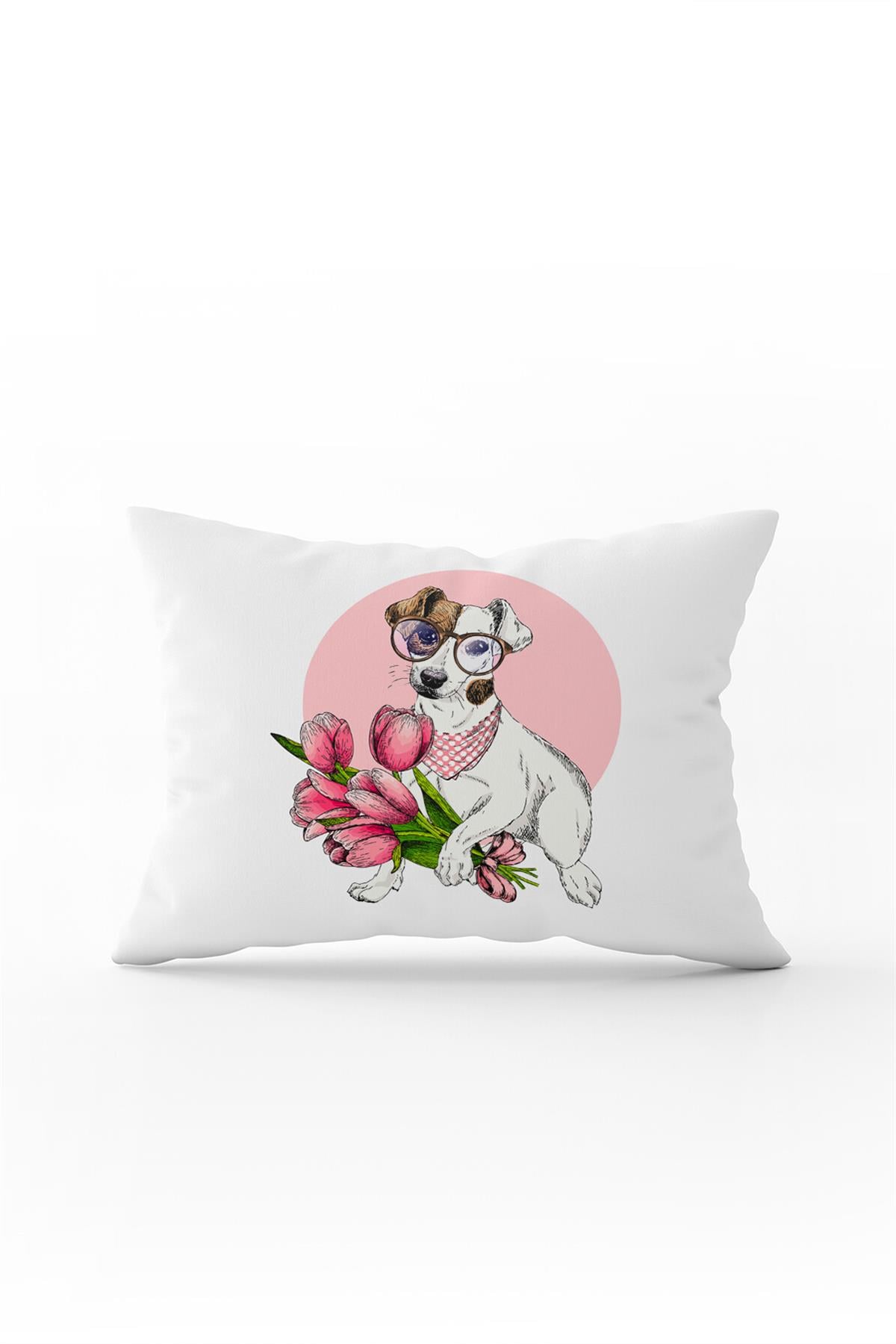 Çift Taraflı 35x50 Beyaz Pembe Çiçekli Köpek Figürlü Kırlent Yastık Kılıfı - CGH190-3550