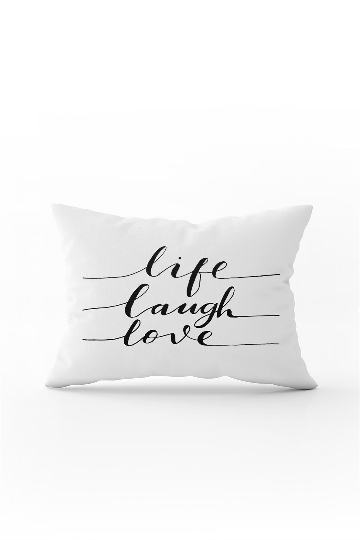 Çift Taraflı 35x50 Beyaz Siyah Life Laugh Love Yazılı Dekoratif Kırent Kılıfı - CGH282-3550