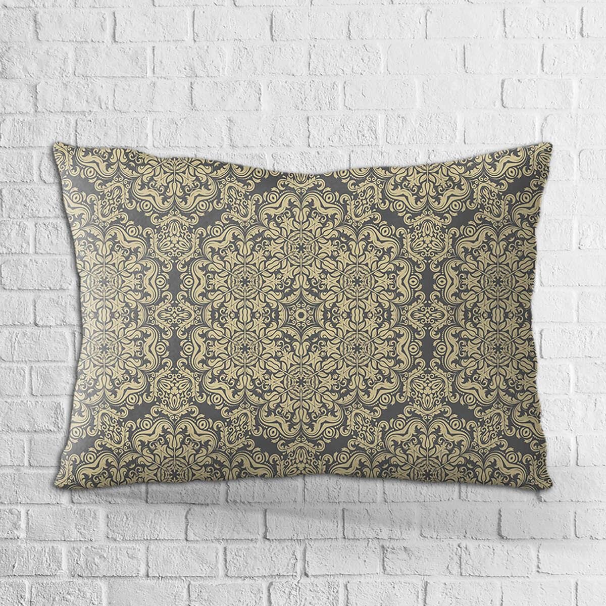 Çift Taraflı 35x50 Gri Sarı Retro Vintage Desenli Dijital Baskılı Kırlent Kılıfı - OTYK355-3550