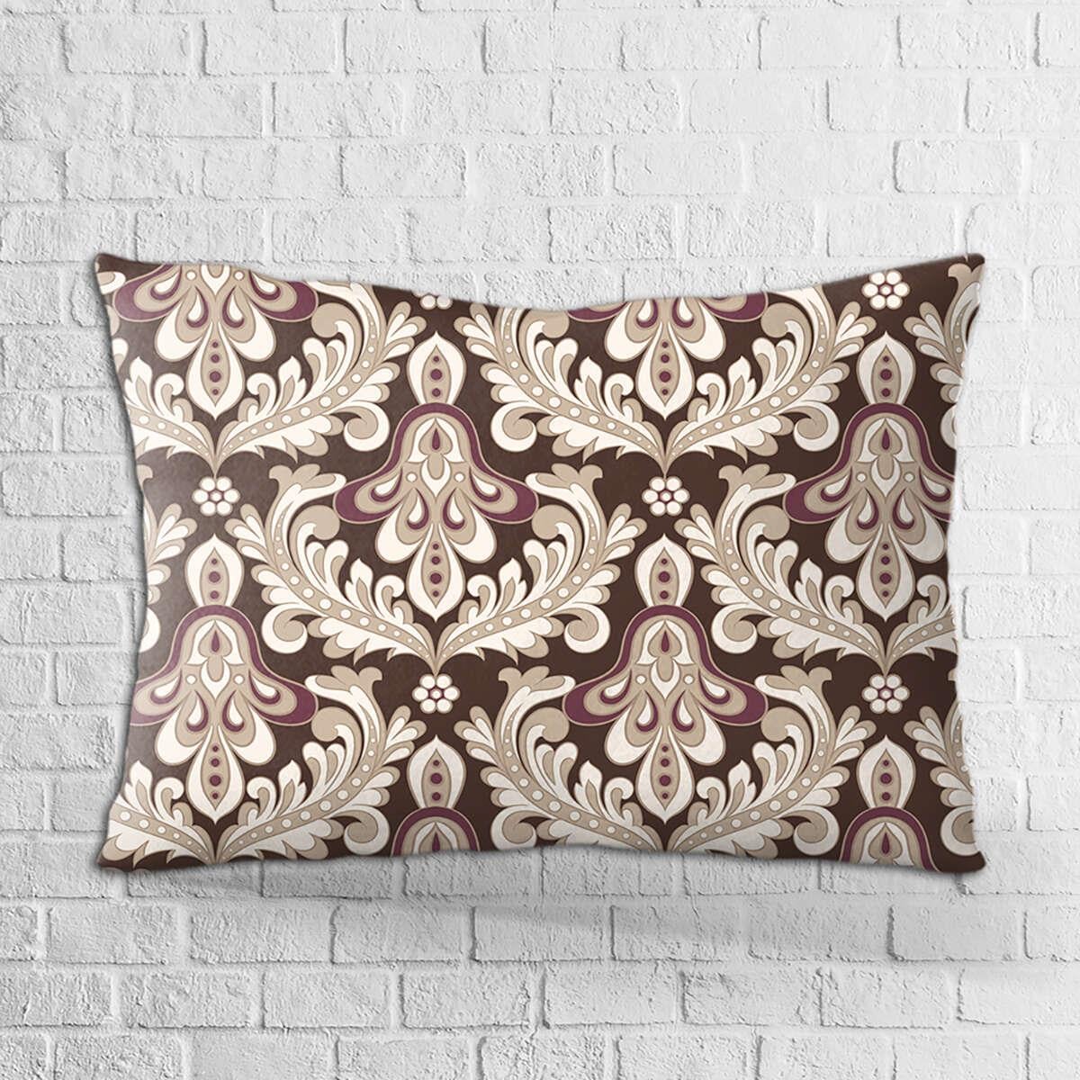 Çift Taraflı 35x50 Kahverengi Bej Vintage Retro Desenli Dijital Baskılı Kırlent Kılıfı - OTYK358-3550
