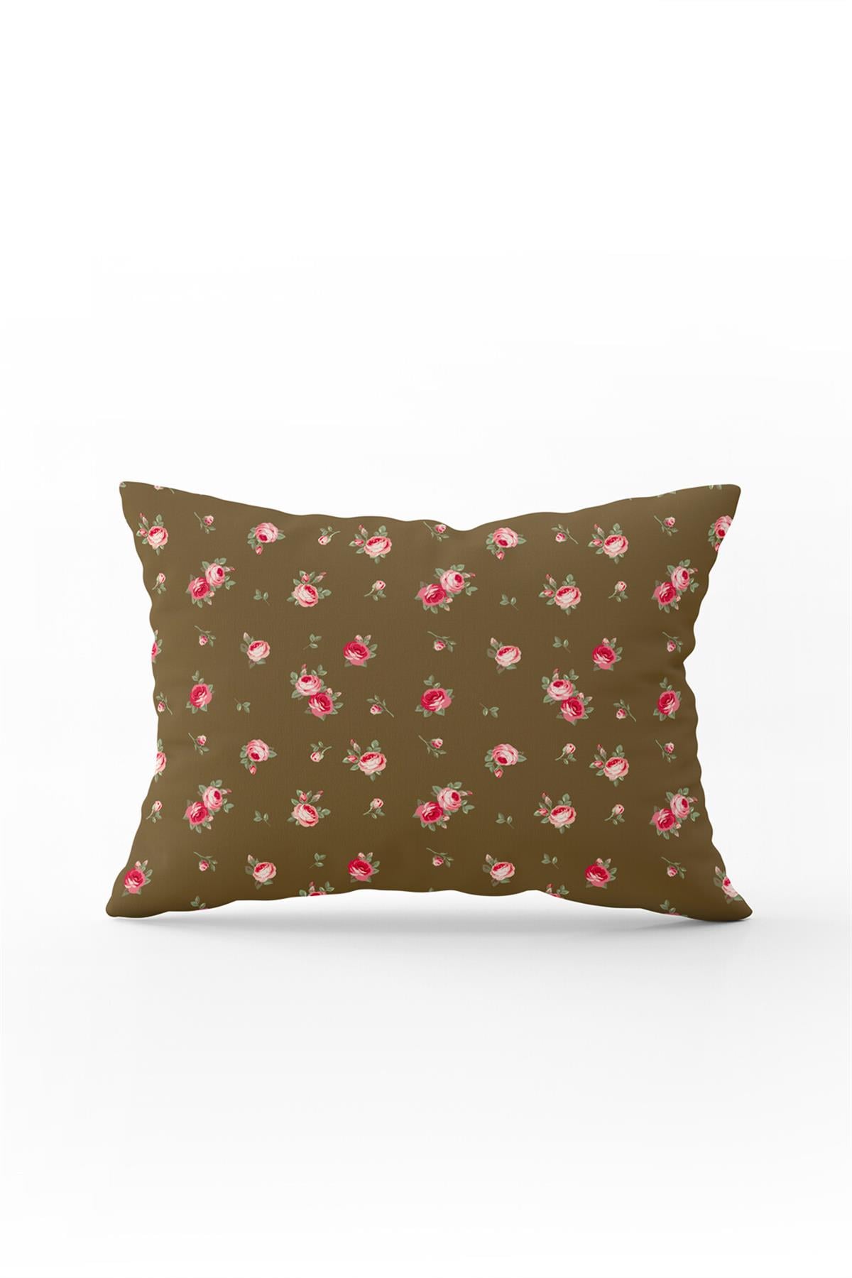Çift Taraflı 35x50 Kahverengi Pembe Çiçekli Kırlent Yastık Kılıfı - CGH203-3550