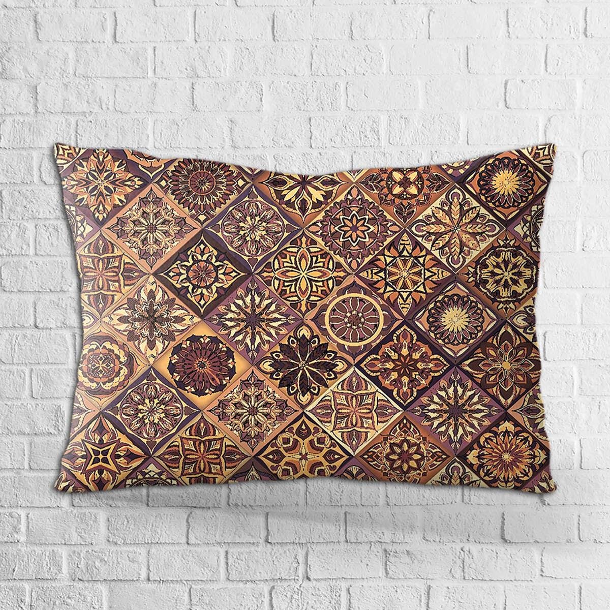 Çift Taraflı 35x50 Kahverengi Sarı Retro Vintage Desenli Dijital Baskılı Kırlent Kılıfı - OTYK051-3550