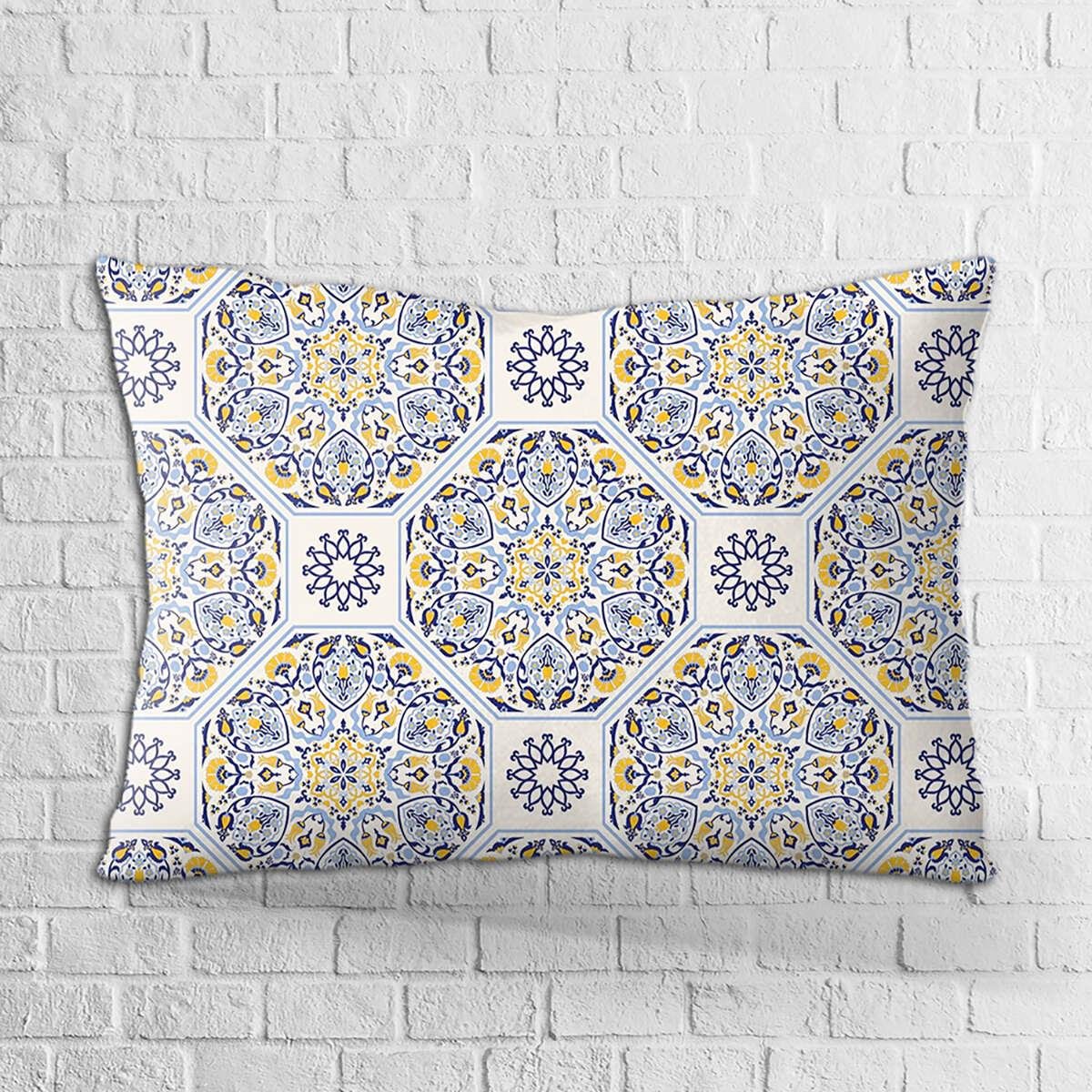 Çift Taraflı 35x50 Lacivert Sarı Retro Vintage Desenli Dijital Baskılı Kırlent Kılıfı - OTYK031-3550