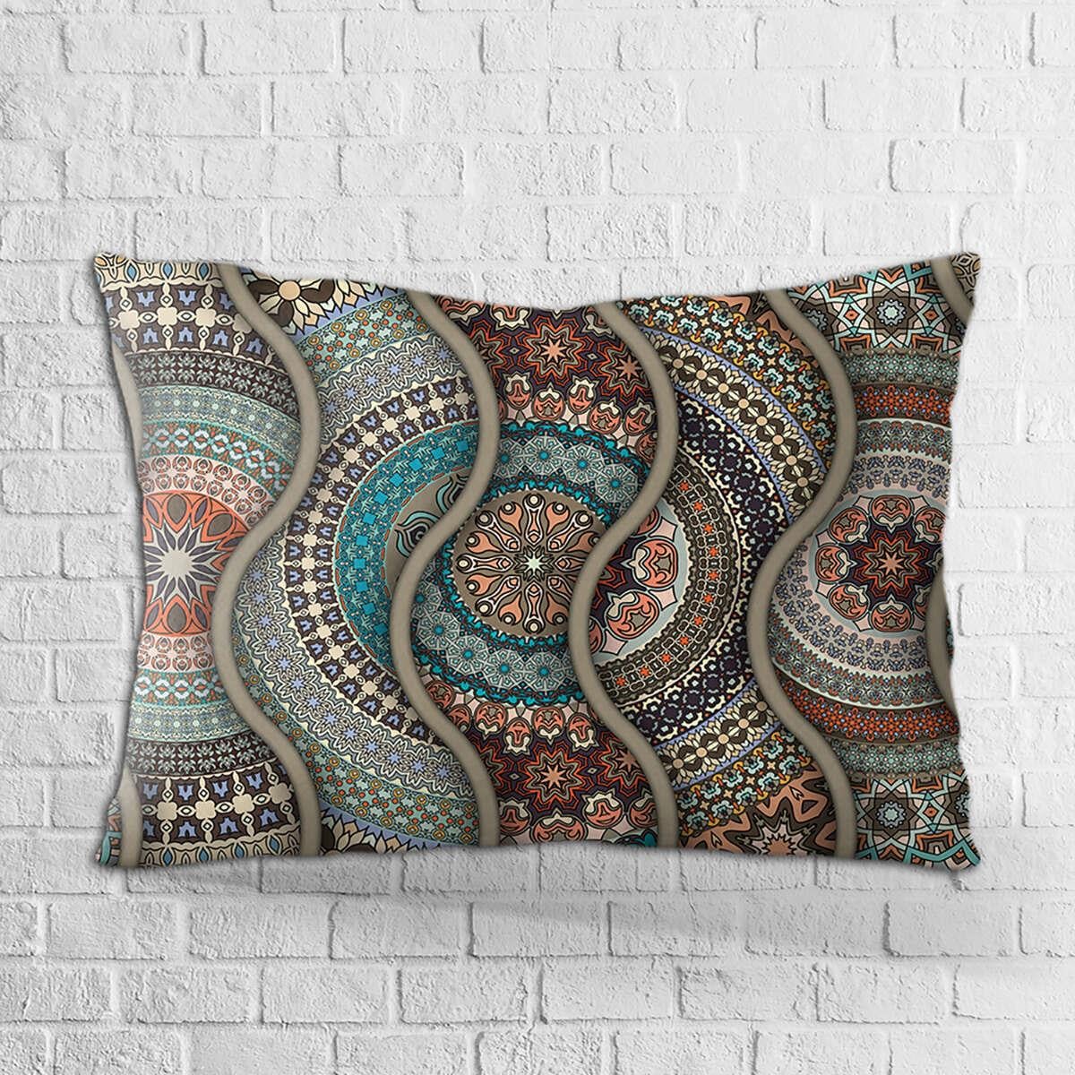 Çift Taraflı 35x50 Mavi Çok Renkli Retro Vintage Desenli Dijital Baskılı Kırlent Kılıfı - OTYK285-3550