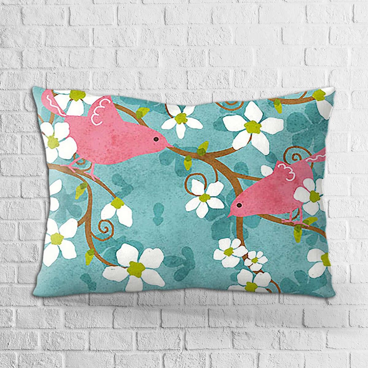 Çift Taraflı 35x50 Mavi Pembe Çiçek ve Kuş Desenli Dijital Baskılı Kırlent Kılıfı - OTYK376-3550