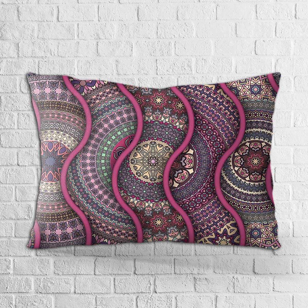 Çift Taraflı 35x50 Mor Pembe Retro Vintage Desenli Dijital Baskılı Kırlent Kılıfı - OTYK274-3550
