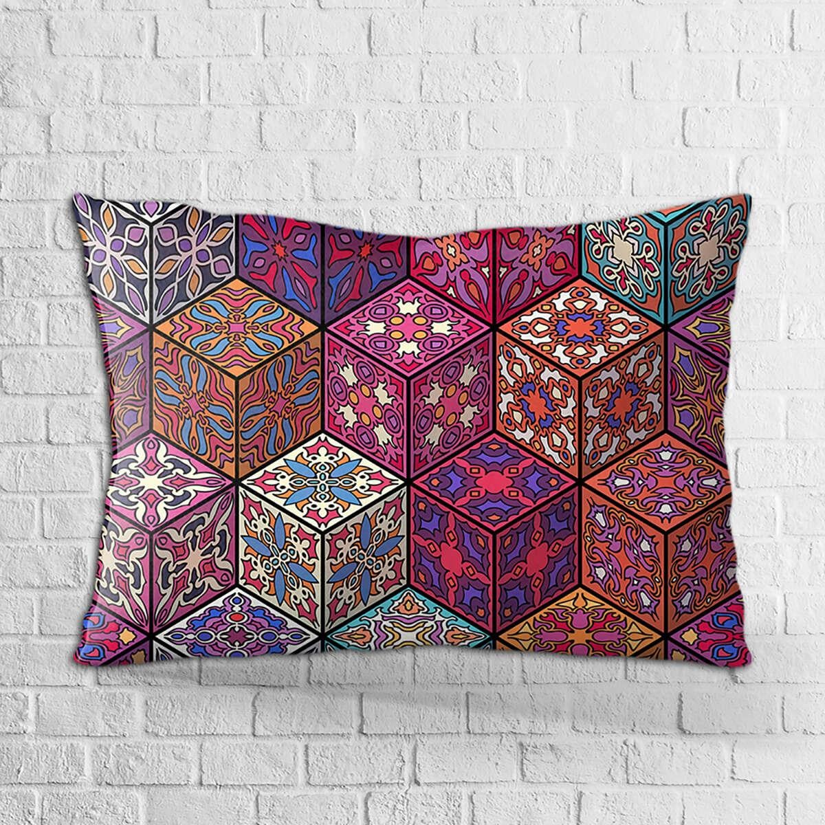 Çift Taraflı 35x50 Pembe Çok Renkli Retro Vintage Desenli Dijital Baskılı Kırlent Kılıfı - OTYK292-3550