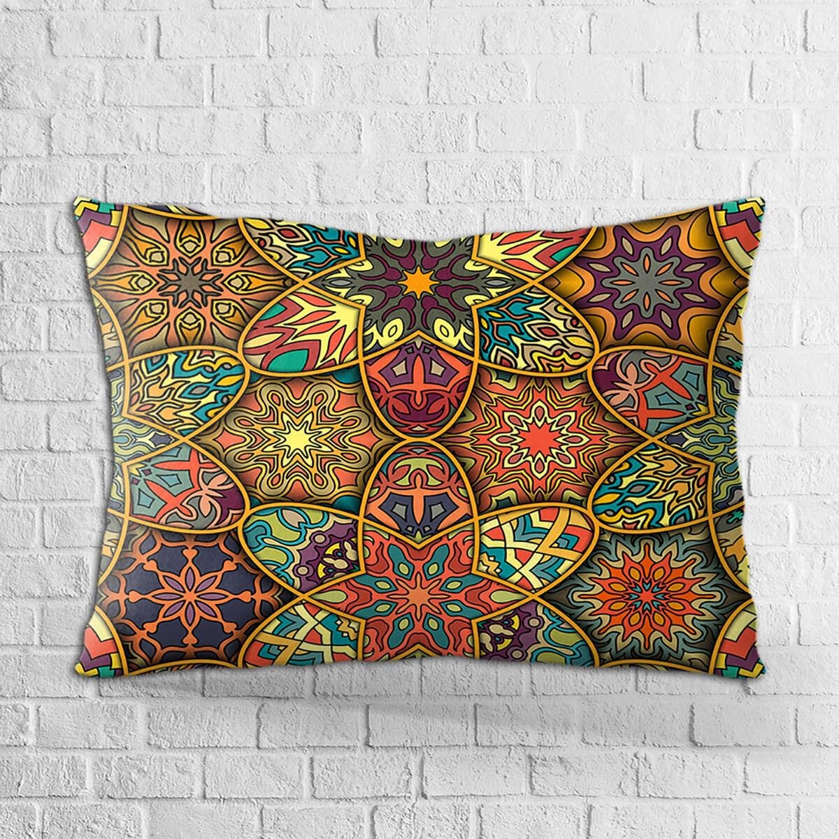 Çift Taraflı 35x50 Sarı Çok Renkli Retro Vintage Desenli Dijital Baskılı Kırlent Kılıfı - OTYK273-3550