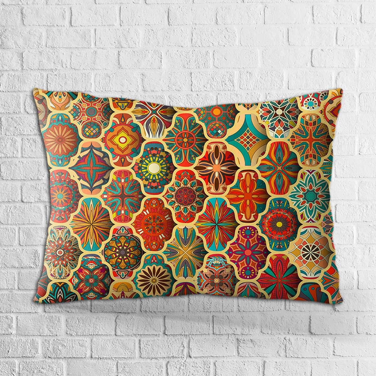 Çift Taraflı 35x50 Sarı Çok renkli Retro Vintage Desenli Dijital Baskılı Kırlent Kılıfı - OTYK275-3550