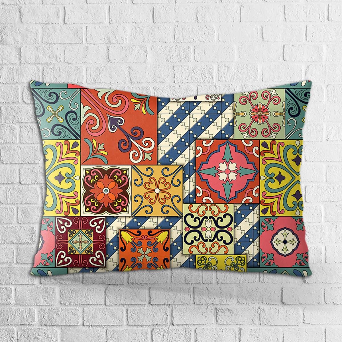 Çift Taraflı 35x50 Sarı Çok Renkli Retro Vintage Desenli Dijital Baskılı Kırlent Kılıfı - OTYK030-3550