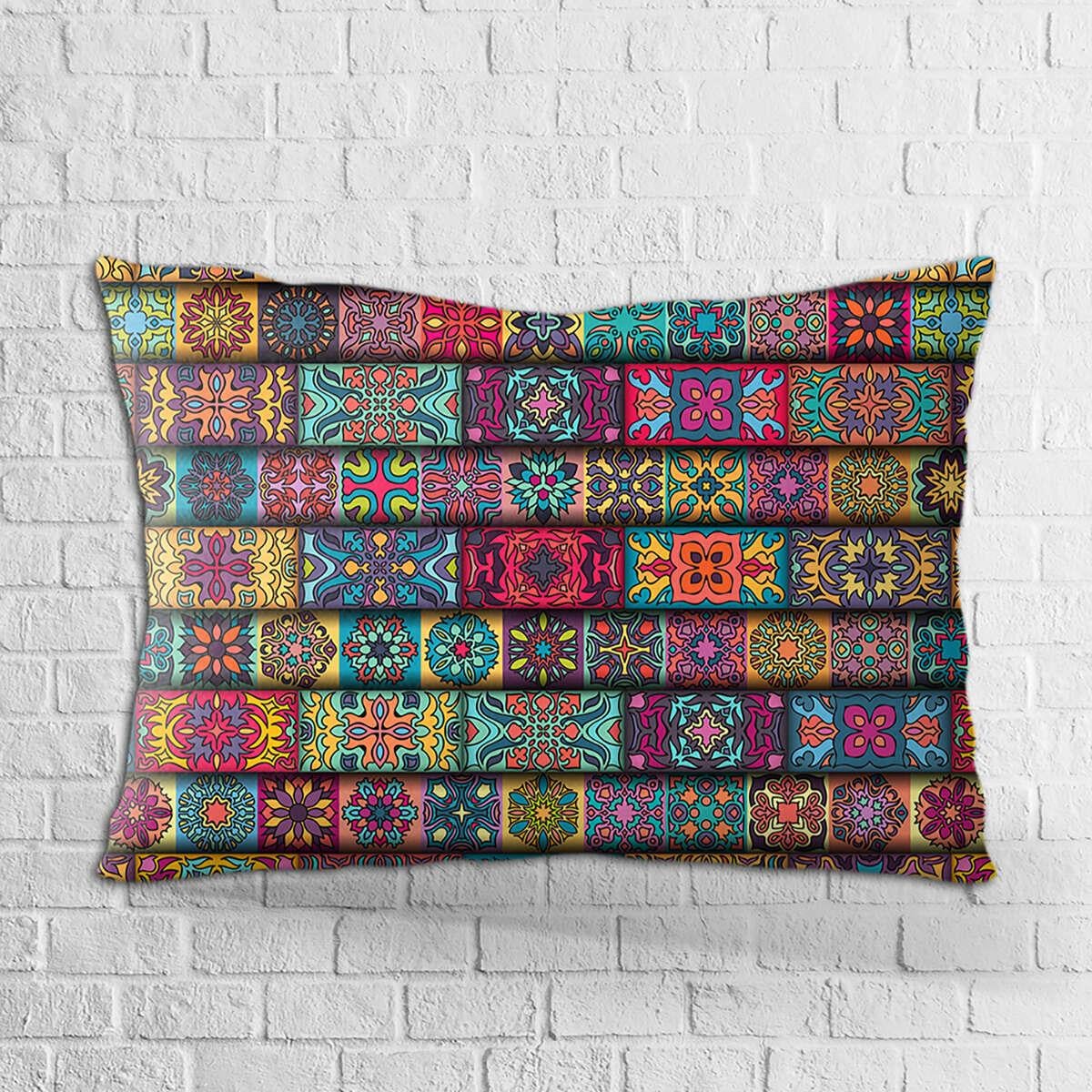 Çift Taraflı 35x50 Sarı Çok Renkli Retro Vintage Dijital Baskılı Kırlent Kılıfı - OTYK047-3550
