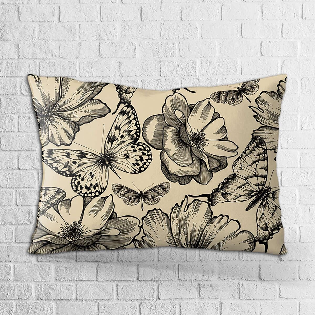Çift Taraflı 35x50 Siyah Kahverengi Çiçek ve Kelebek Desenli Dijital Baskılı Kırlent Kılıfı - OTYK306-3550