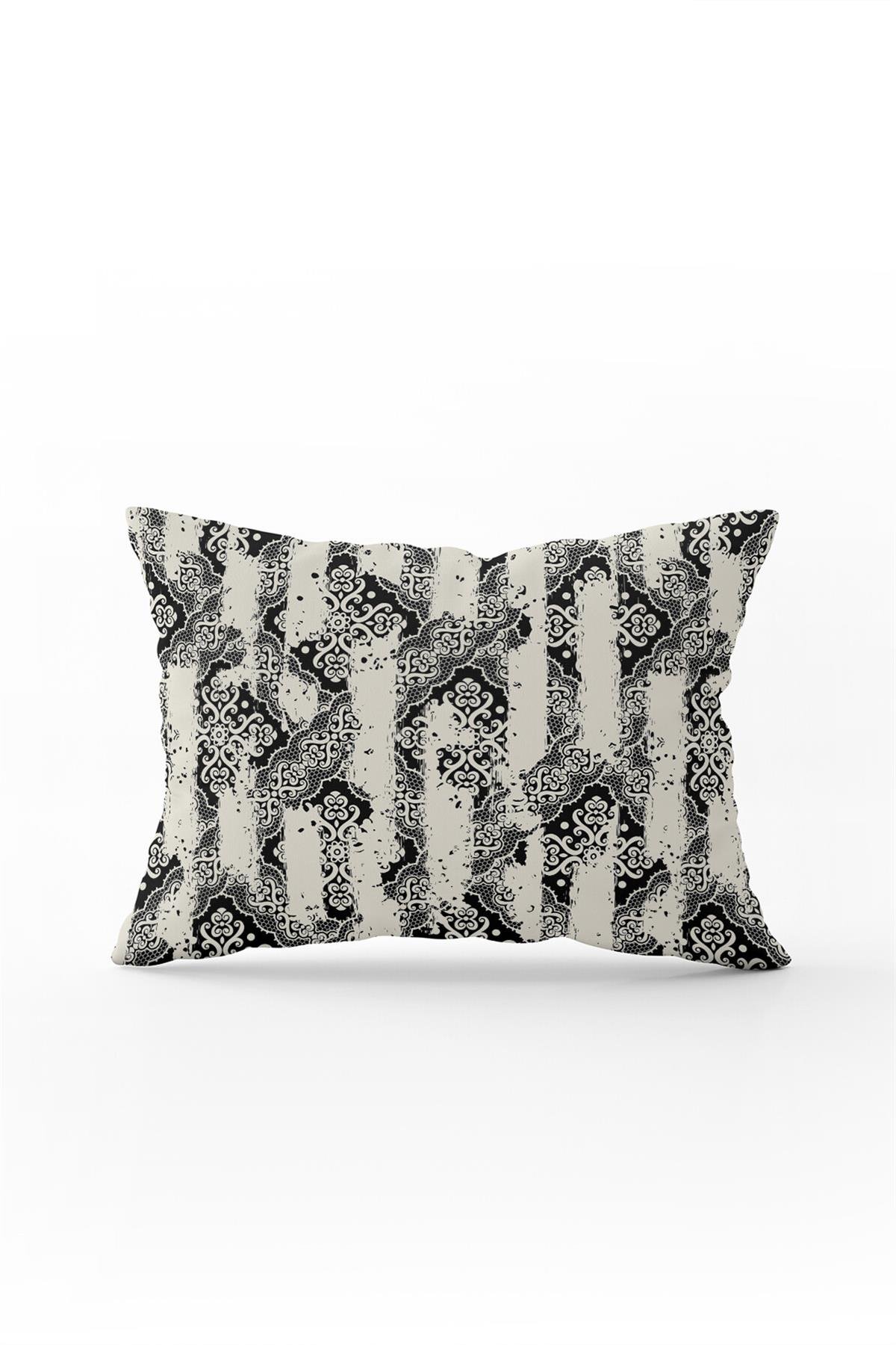 Çift Taraflı 35x50 Siyah Krem Damask Desenli Kırlent Yastık Kılıfı - CGH099-3550