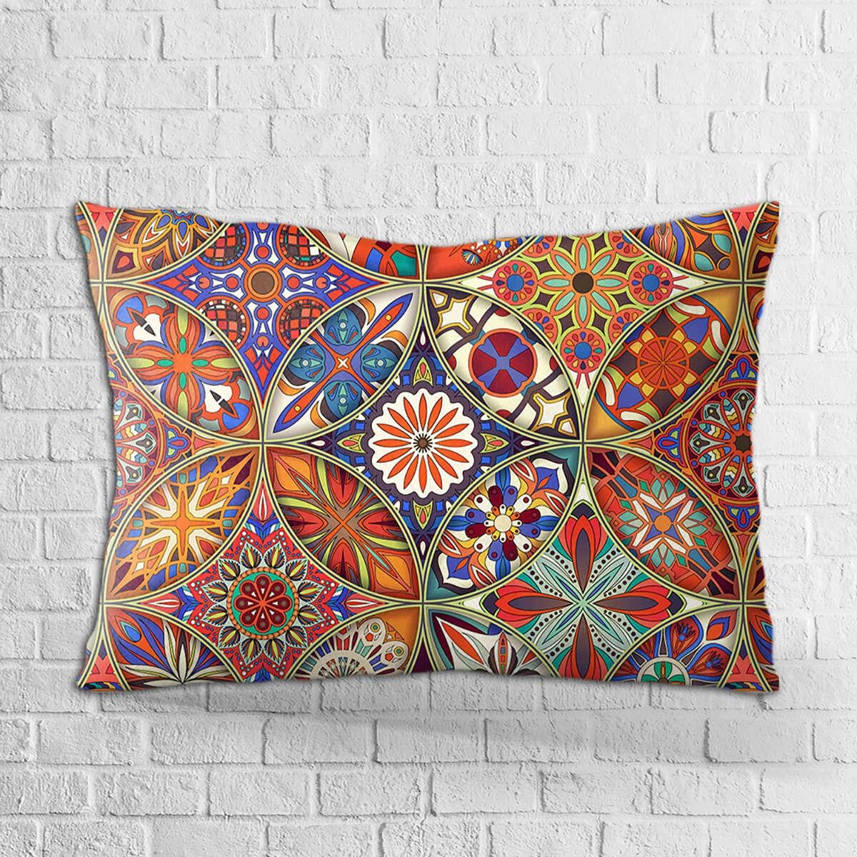 Çift Taraflı 35x50 Turuncu Çok Renkli Retro Vintage Desenli Dijital Baskılı Kırlent Kılıfı - OTYK010-3550