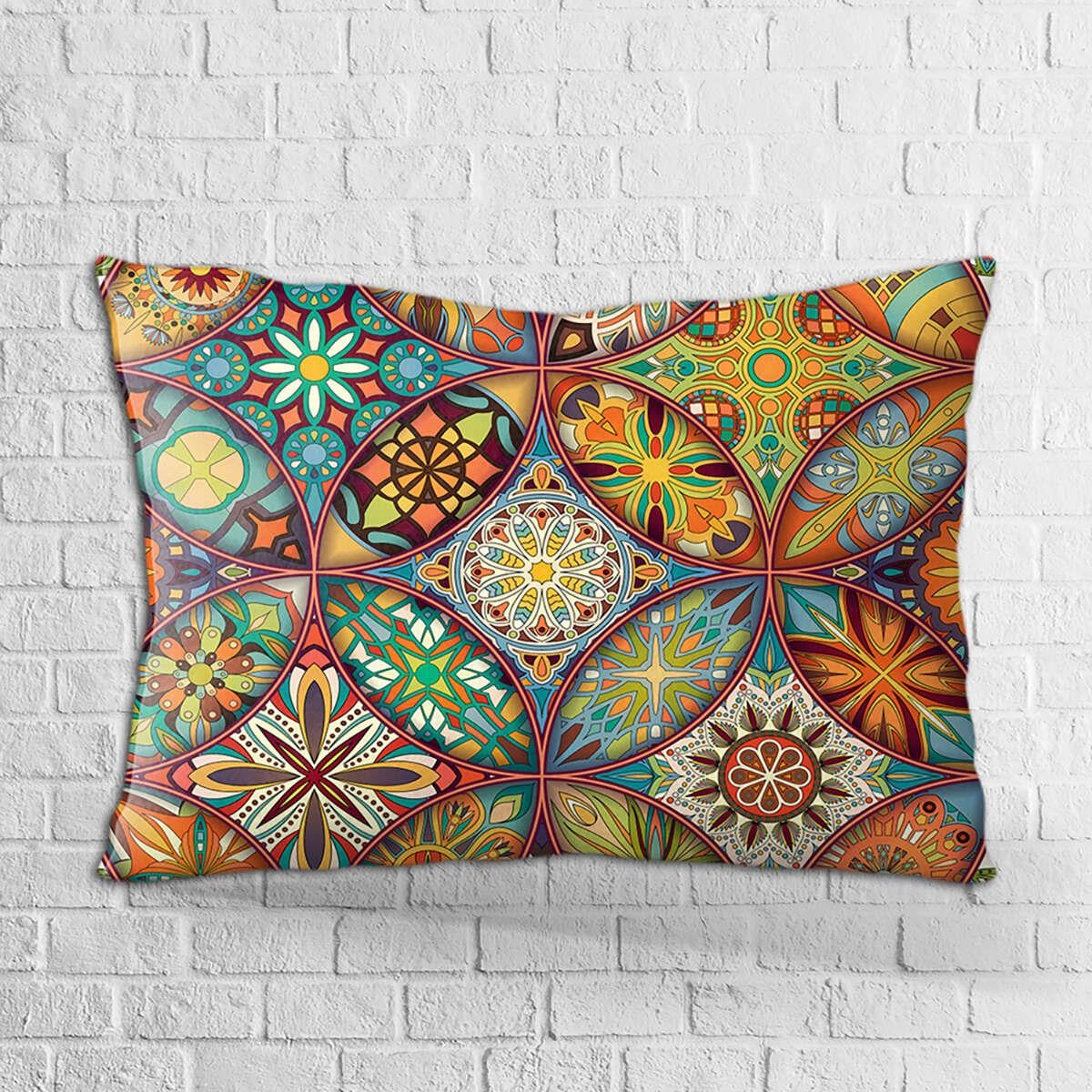 Çift Taraflı 35x50 Turuncu Çok Renkli Retro Vintage Desenli Dijital Baskılı Kırlent Kılıfıı - OTYK291-3550