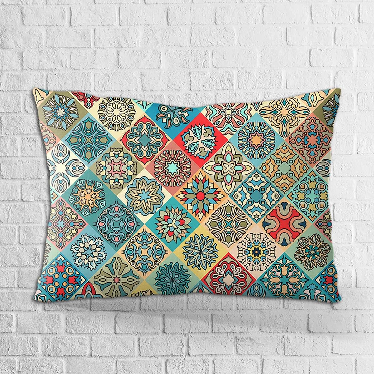 Çift Taraflı 35x50 Yeşil Çok Renkli Retro Vintage Desenli Dijital Baskılı Kırlent Kılıfı - OTYK017-3550
