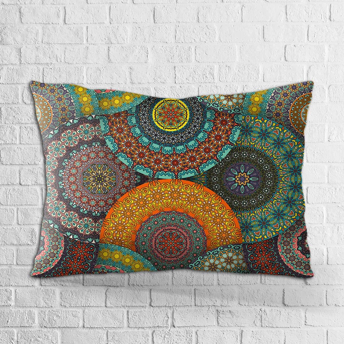 Çift Taraflı 35x50 Yeşil Çok Renkli Retro Vintage Desenli Dijital Baskılı Kırlent Kılıfı - OTYK276-3550