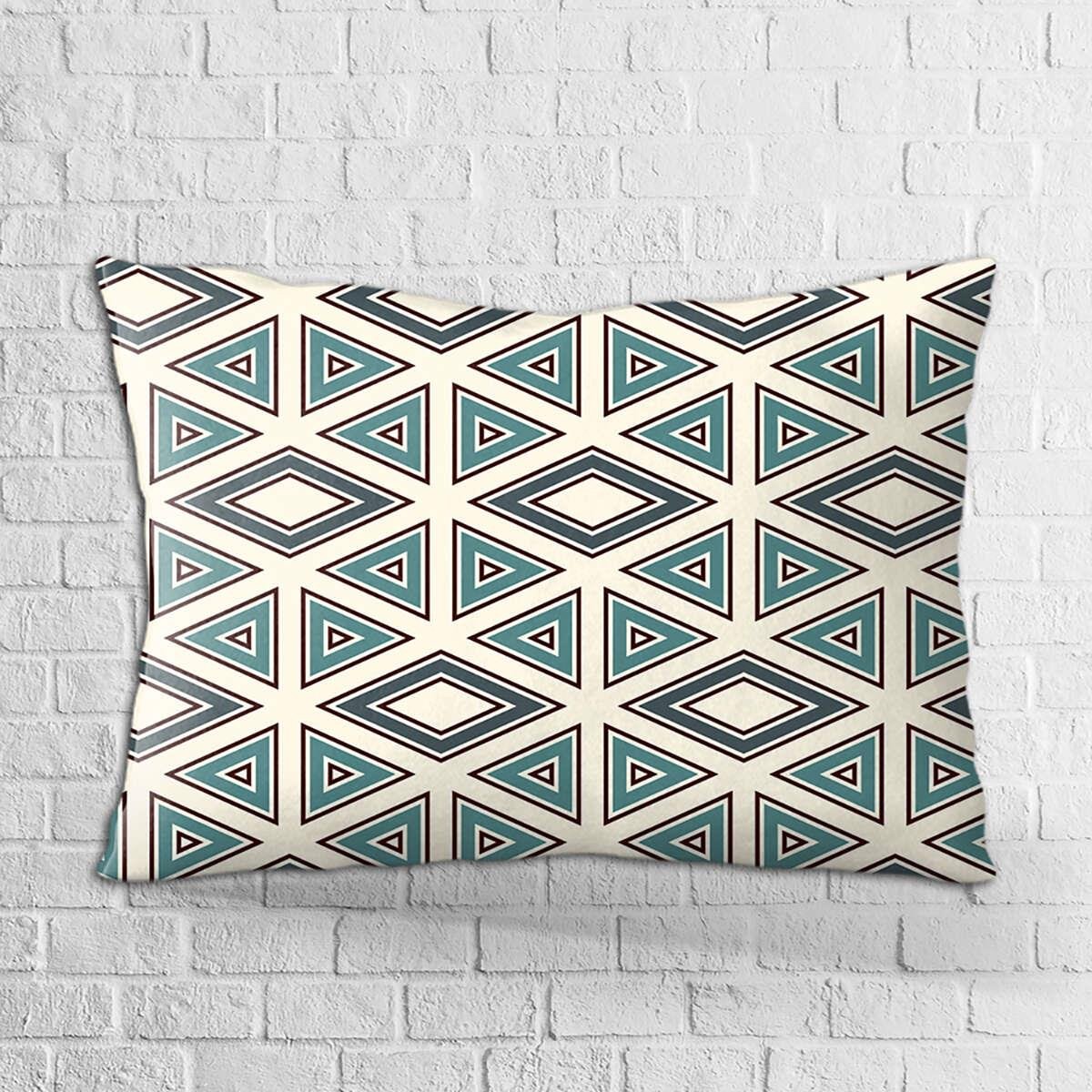 Çift Taraflı 35x50 Yeşil Krem Retro Geometirk Desenli Dijital Baskılı Kırlent Kılıfı - OTYK304-3550