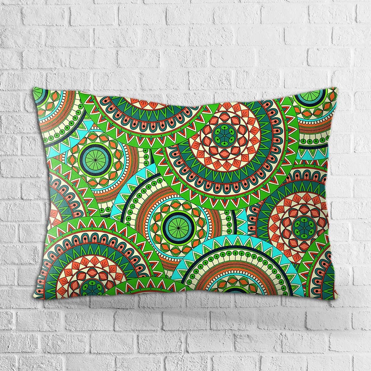 Çift Taraflı 35x50 Yeşil Retro Vintage Desenli Dijital Baskılı Kırlent Kılıfı - OTYK043-3550