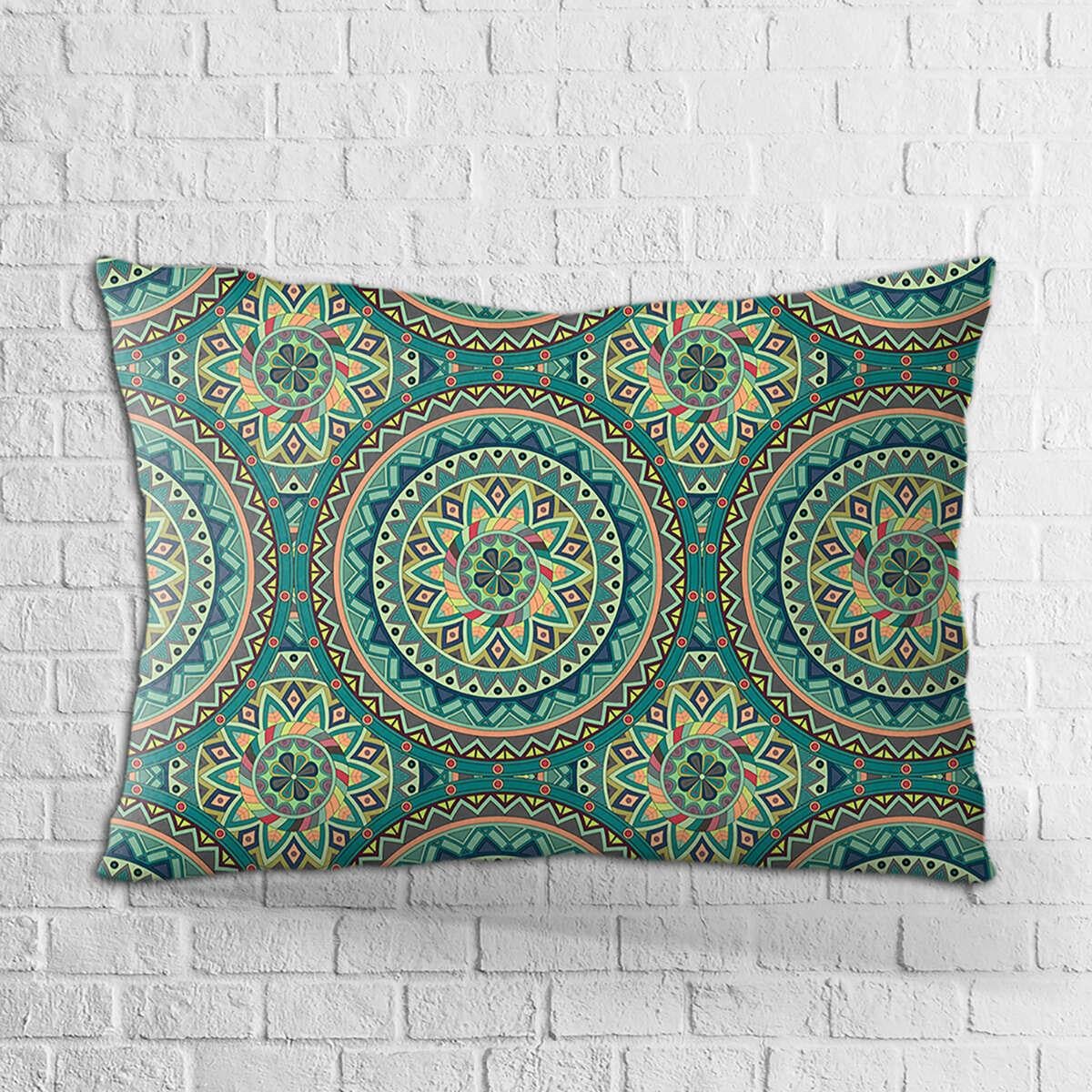Çift Taraflı 35x50 Yeşil Sarı Retro Vintage Desenli Dijital Baskılı Kırlent Kılıfı - OTYK049-3550