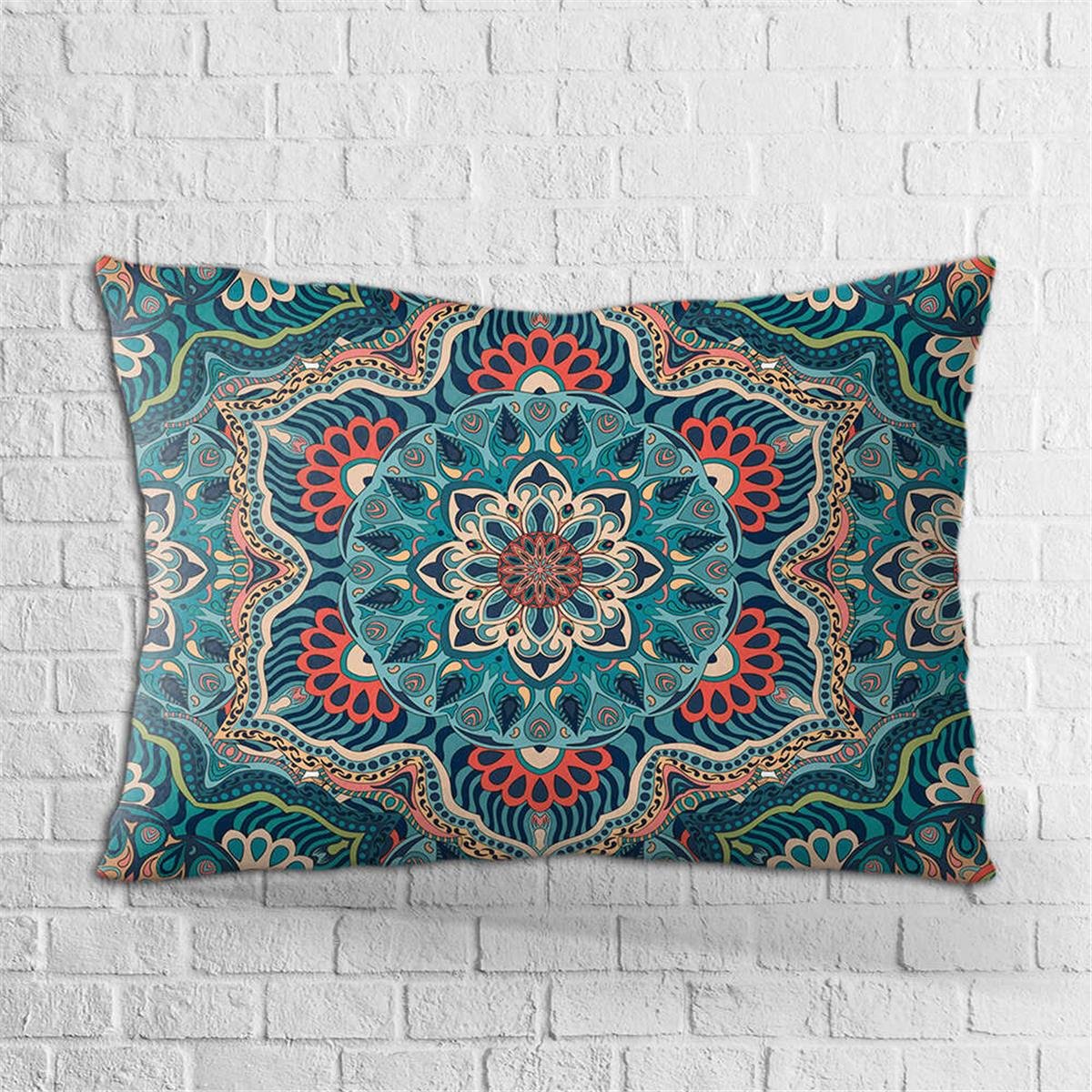 Çift Taraflı 35x50 Yeşil Turuncu Retro Vintage Desenli Dijital Baskılı Kırlent Kılıfıı - OTYK634-3550