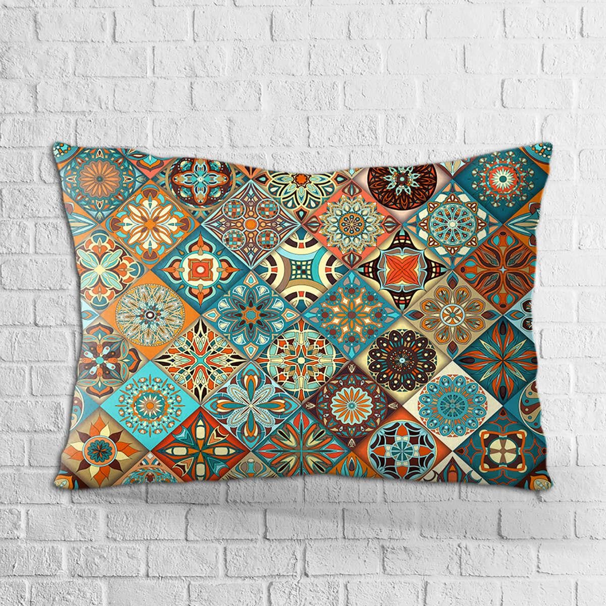 Çift Taraflı 35x50 Yeşil Turuncu Retro Vintage Desenli Dijital Baskılı Kırlent Kılıfı - OTYK282-3550