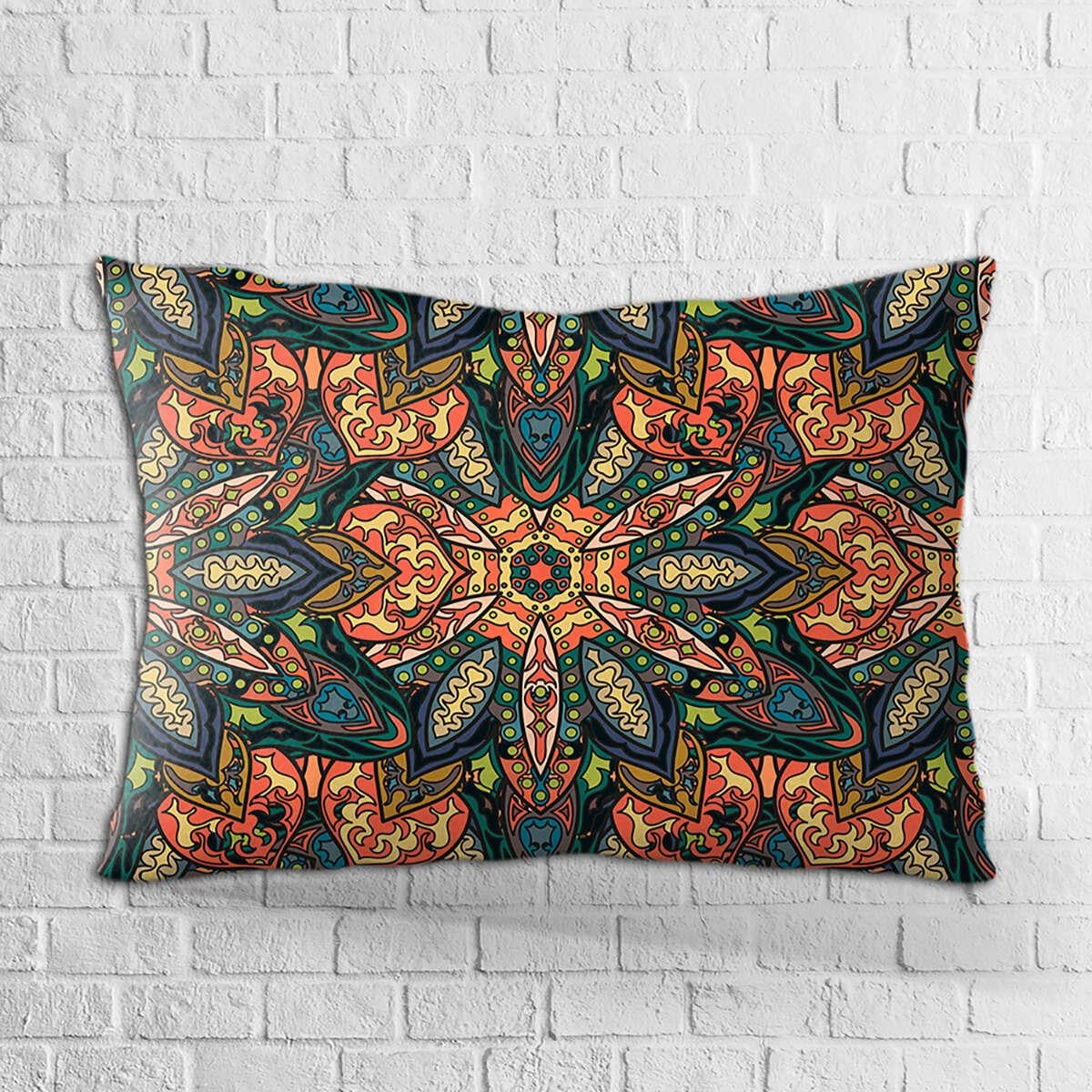 Çift Taraflı 35x50 Yeşil Turuncu Retro Vintage Desenli Dijital Baskılı Kırlent Kılıfı - OTYK250-3550