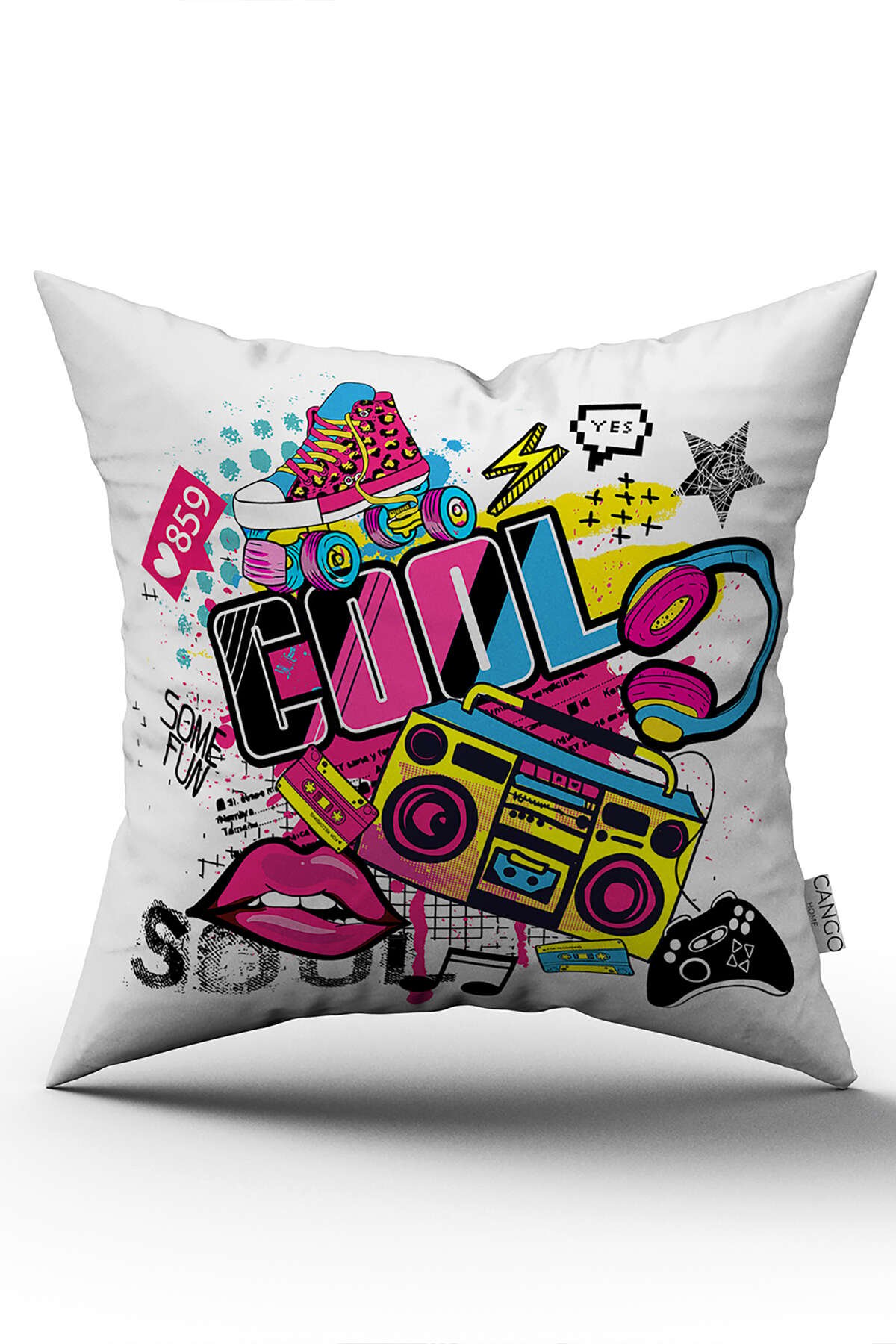 Çift Taraflı Beyaz Çok Renkli Popart Desenli Dijital Baskı Kırlent Yastık Kılıfı - CGH420-CT