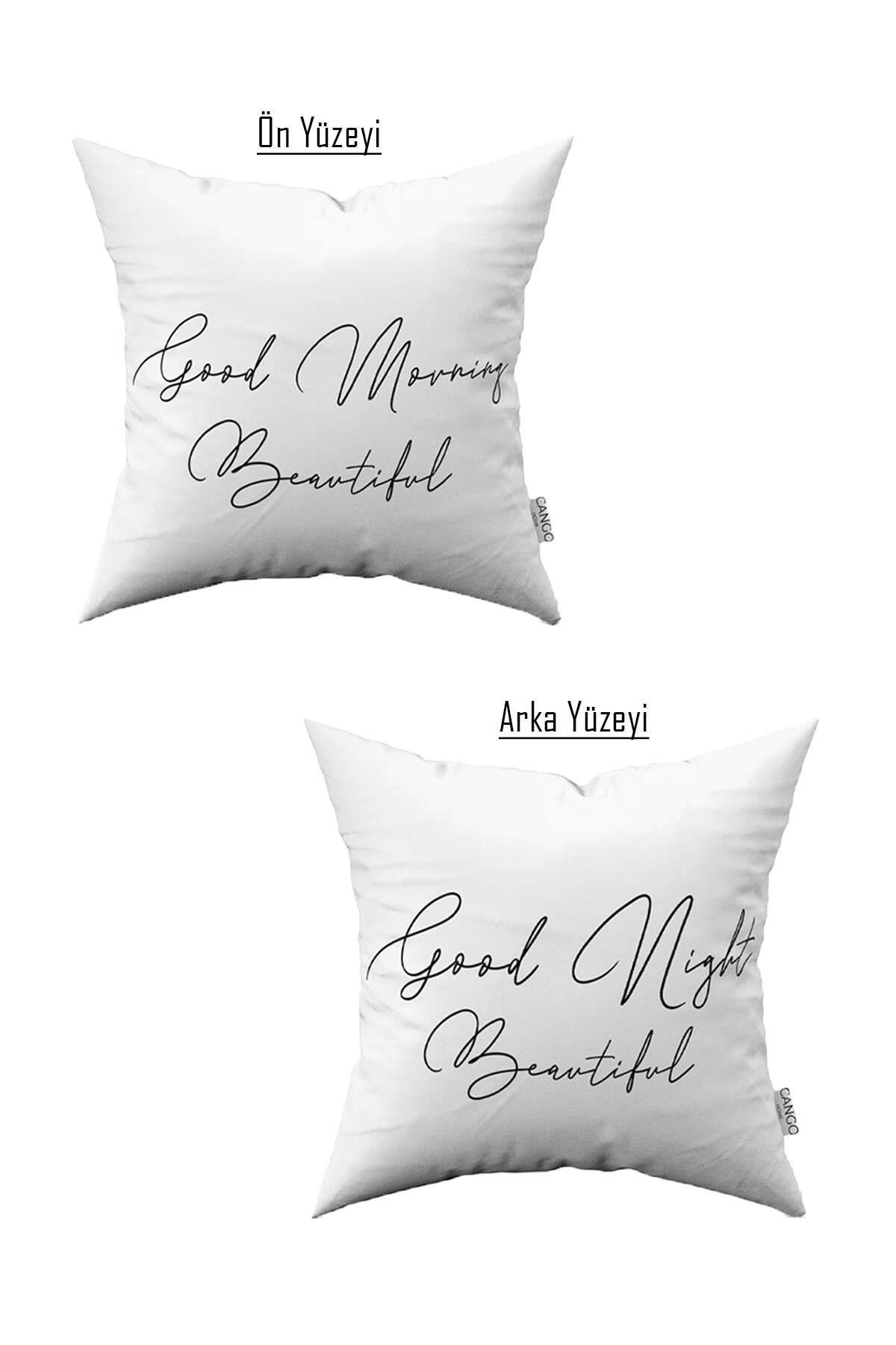 Çift Taraflı Beyaz Good Morning Good Night Yazılı Dijital Baskılı 2'li Kırlent Kılıfı Seti 2kmbs310-CT