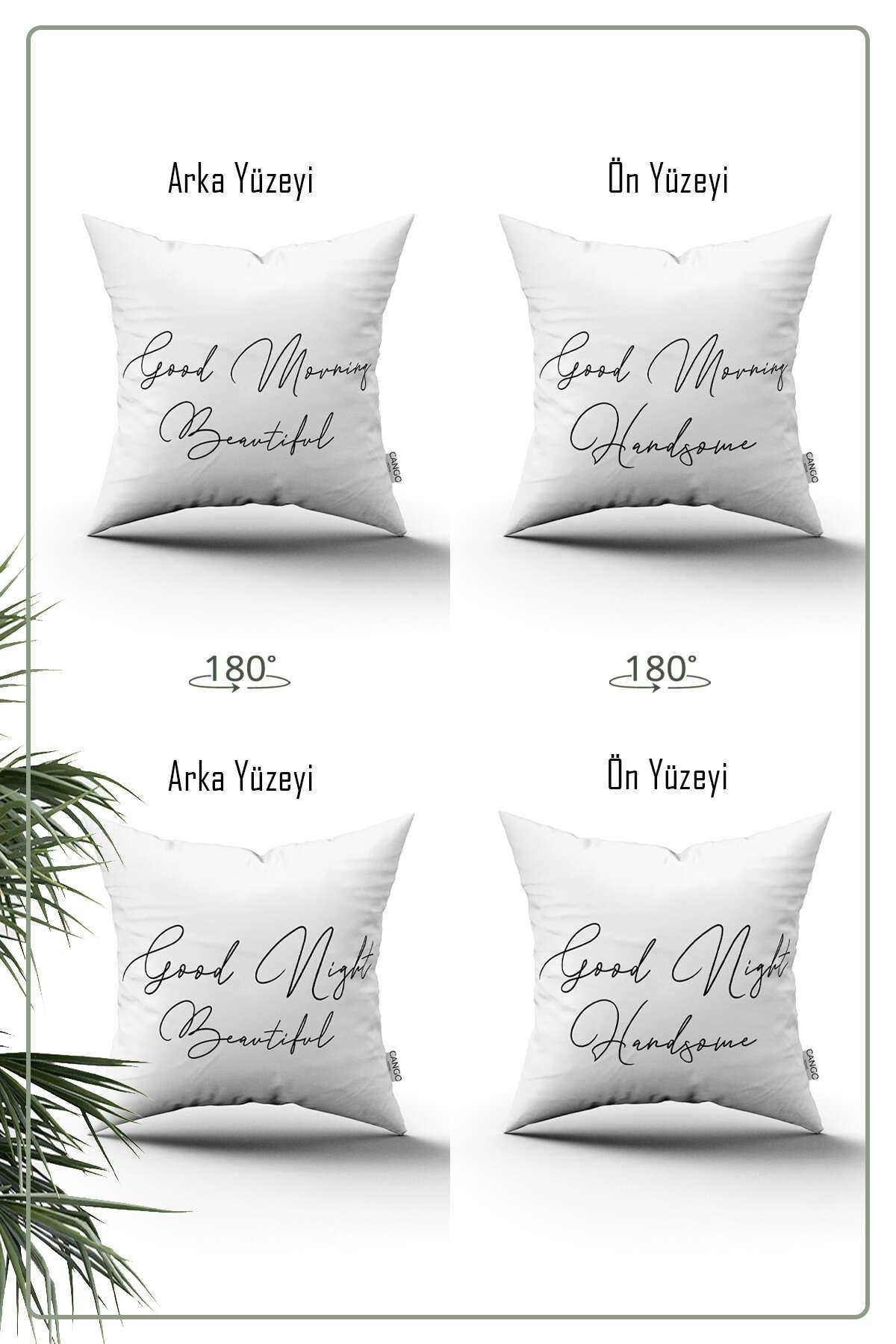 Çift Taraflı Beyaz Good Morning Good Night Yazılı Dijital Baskılı 2'li Kırlent Kılıfı Seti 2kmbs310-CT