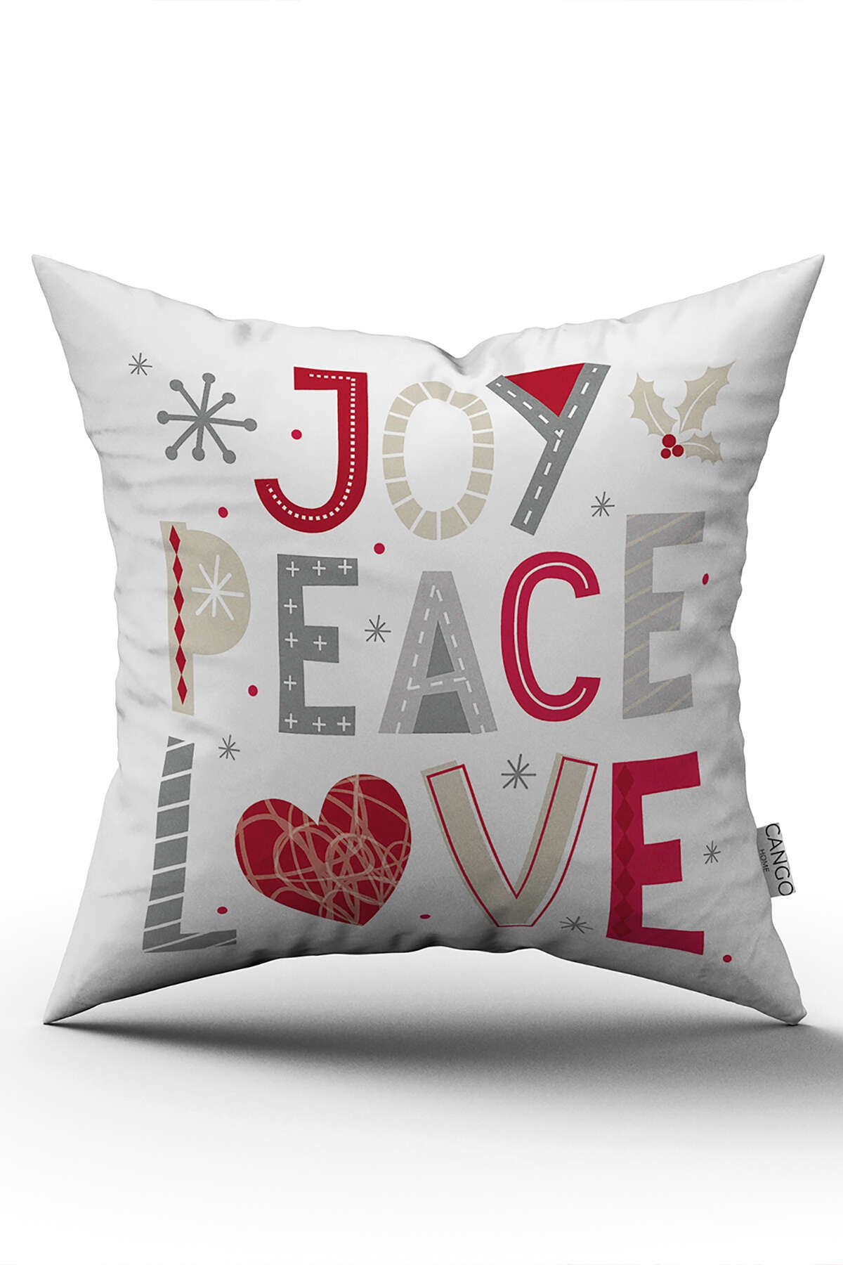 Çift Taraflı Beyaz Kırmızı  Joy Peace Love Yazılı Dekoratif Dijital Baskı Kırlent Yastık Kılıfı - CGH462-CT