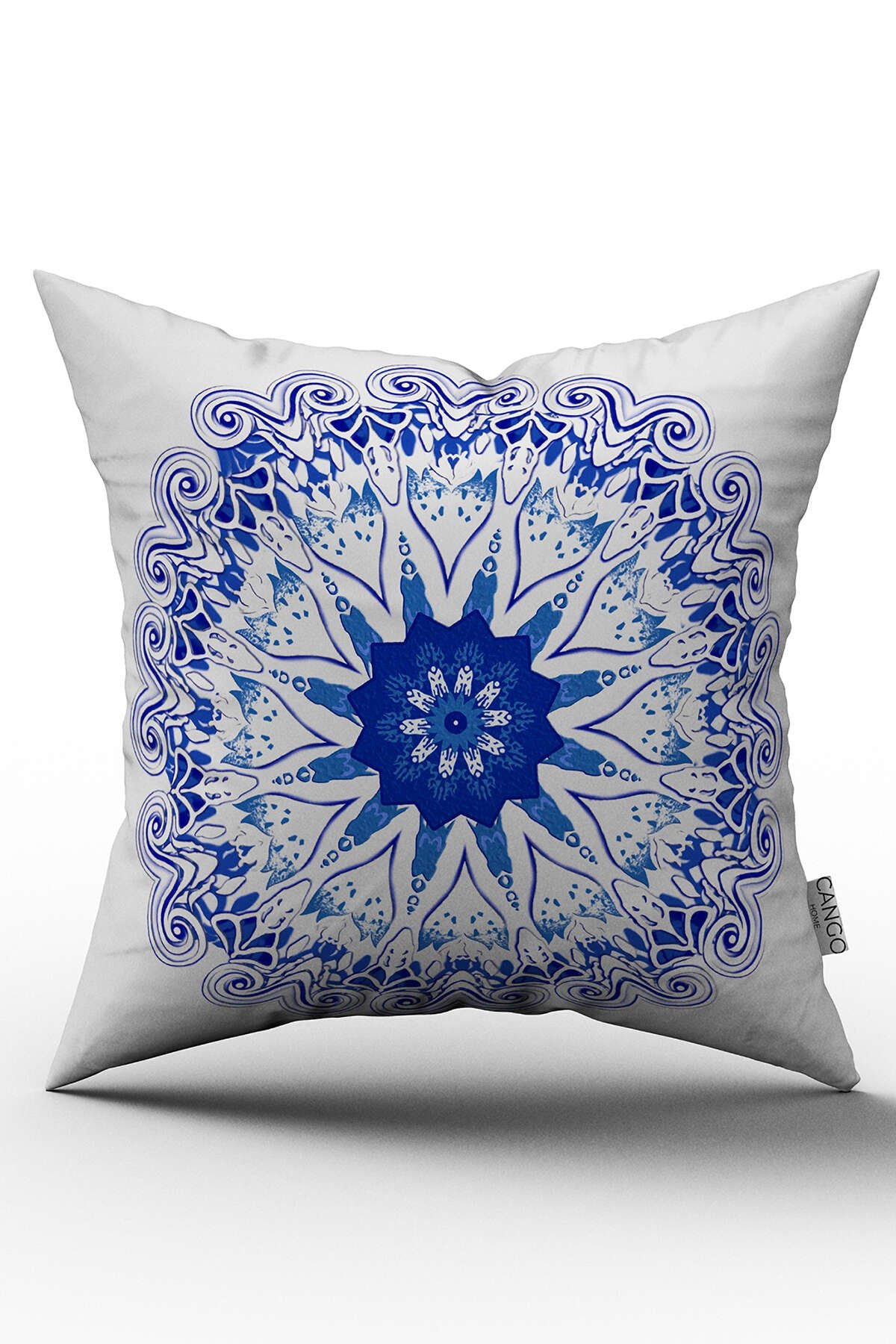 Çift Taraflı Beyaz Mavi Etnik Mandala Desenli Dijital Baskılı Kırlent Kılıfı - OTYK578-CT