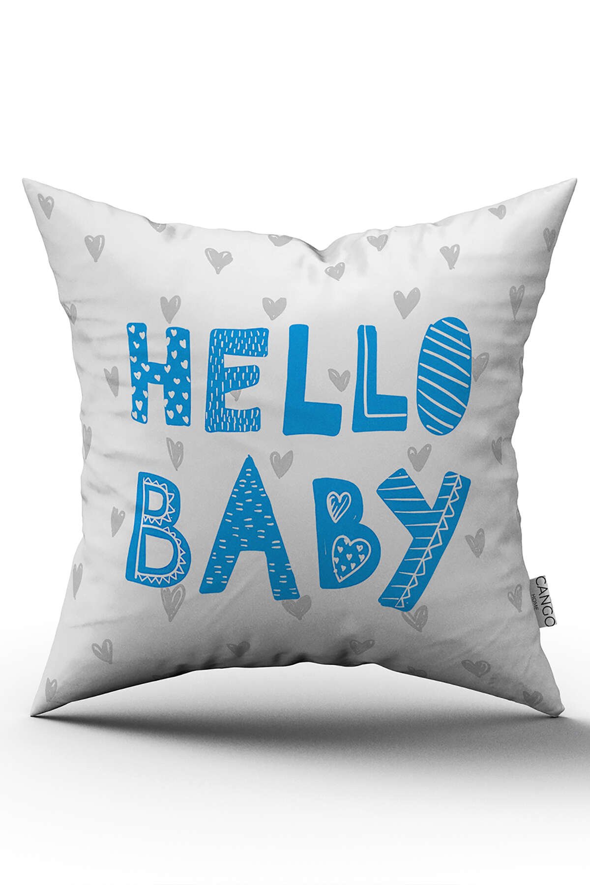 Çift Taraflı Beyaz Mavi Hello Baby Yazılı Dijital Baskı Kırlent Yastık Kılıfı - CGH434-CT