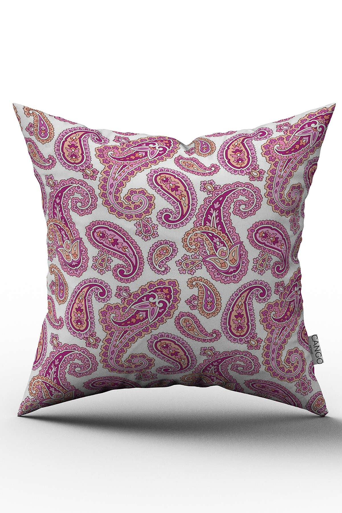 Çift Taraflı Beyaz Pembe Etnik Motif Desenli Dijital Baskılı Kırlent Kılıfı - OTYK337-CT