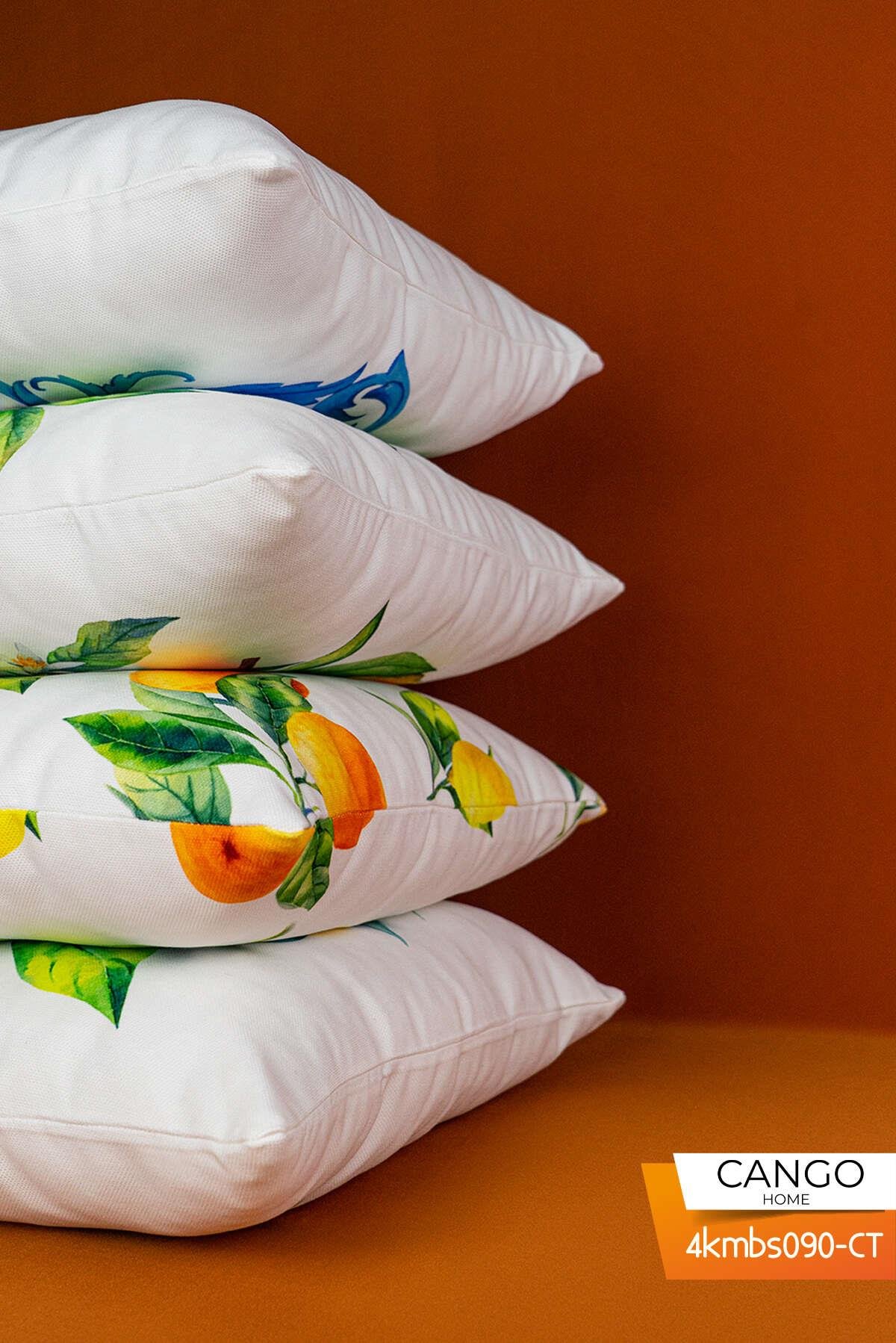 Çift Taraflı Beyaz Sarı Limon Desenli 4'lü Dijital Baskılı Kırlent Kılıfı Seti 4kmbs90-CT