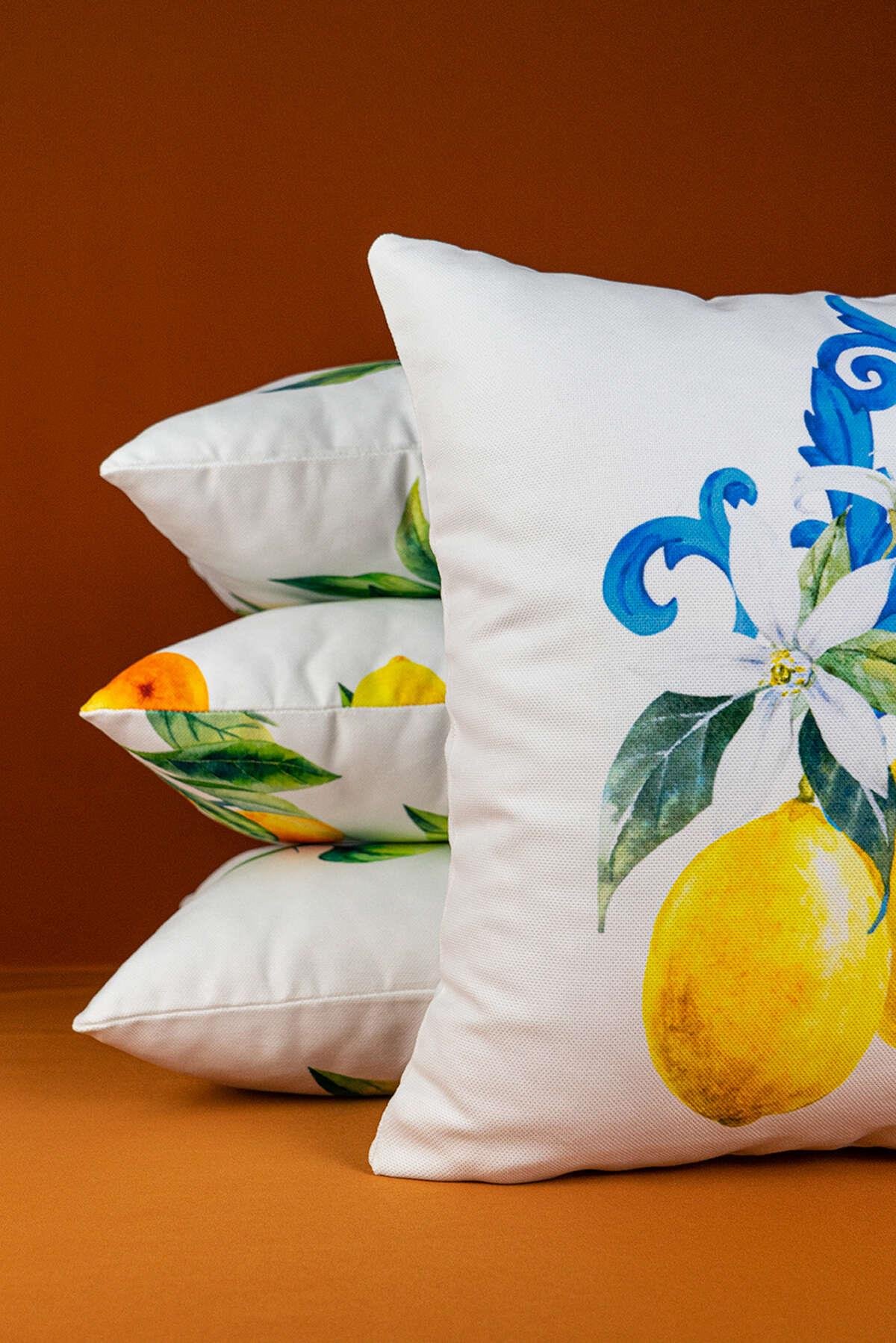 Çift Taraflı Beyaz Sarı Limon Desenli 4'lü Dijital Baskılı Kırlent Kılıfı Seti 4kmbs90-CT