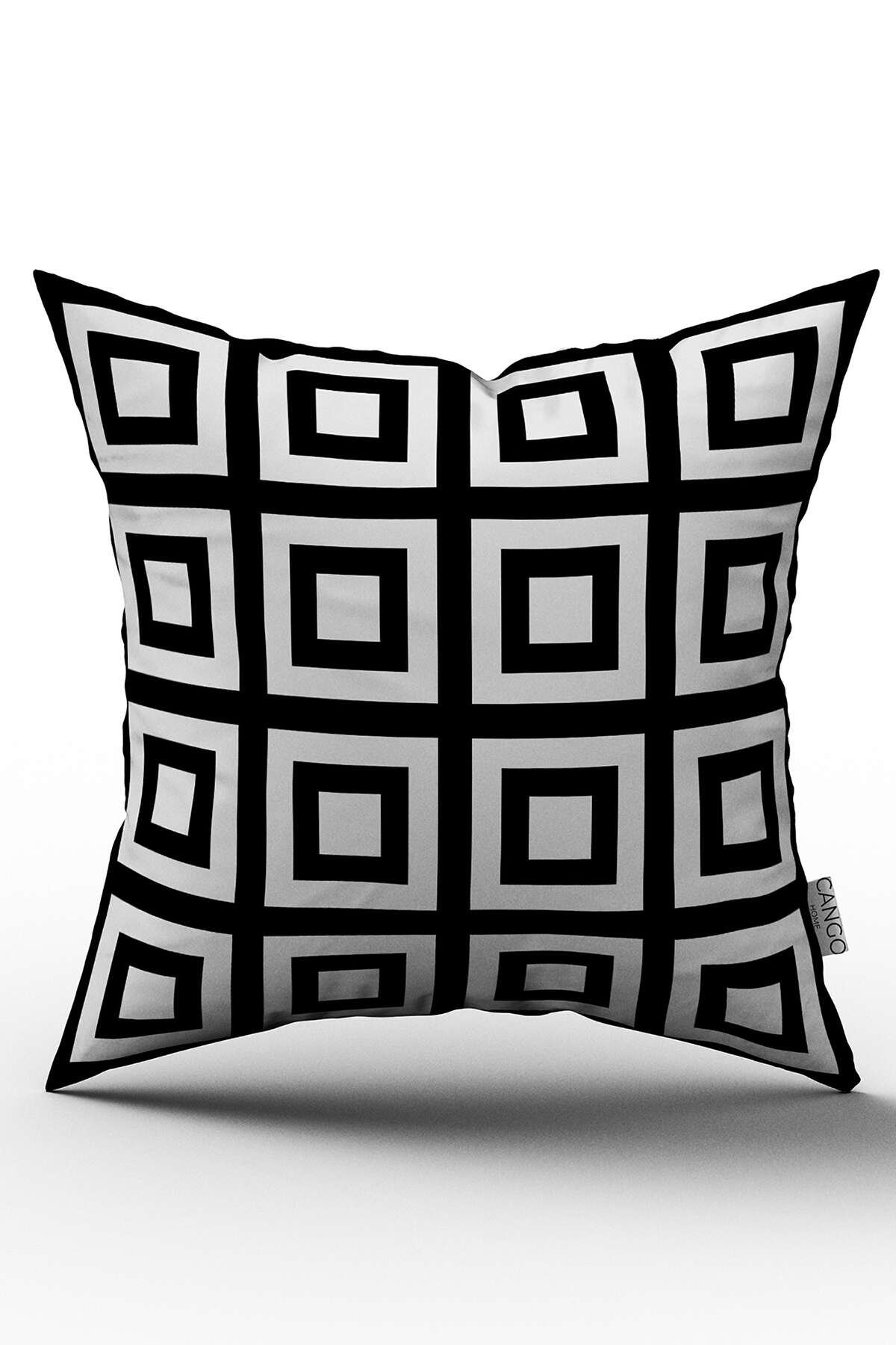 Çift Taraflı Beyaz Siyah Modern Geometrik Kare Desenli Dijital Baskılı Kırlent Kılıfı - OTYK558-CT