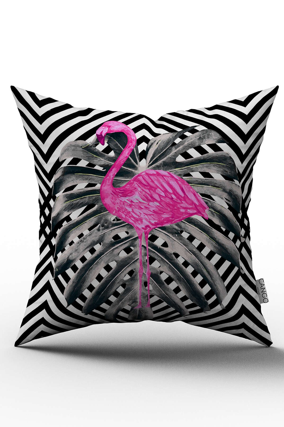 Çift Taraflı Beyaz Siyah Tropikal Pembe Flamingo Desenli Dijital Baskılı Kırlent Kılıfı - OTYK589-CT