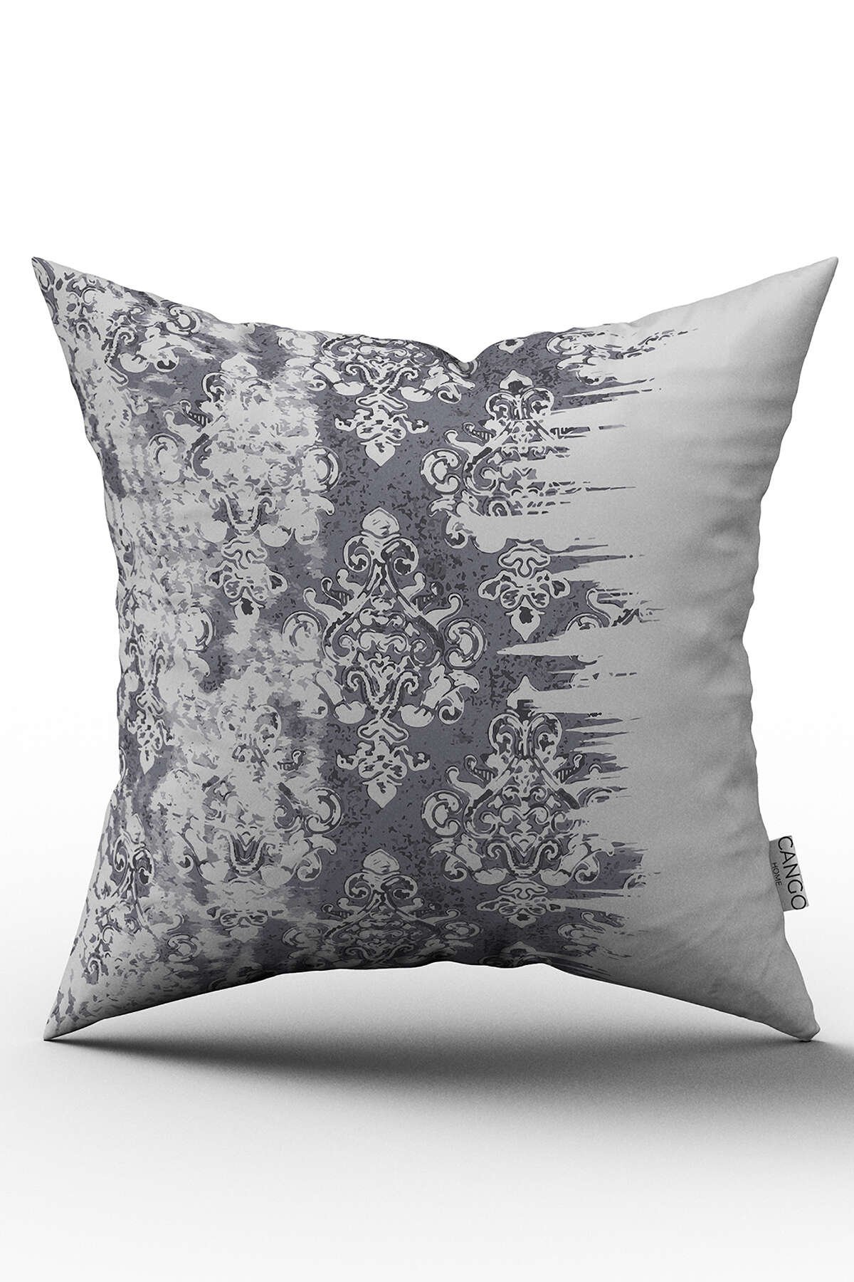 Çift Taraflı Gri Beyaz Etnik Damask Desenli Kırlent Yastık Kılıfı - CGH113-CT
