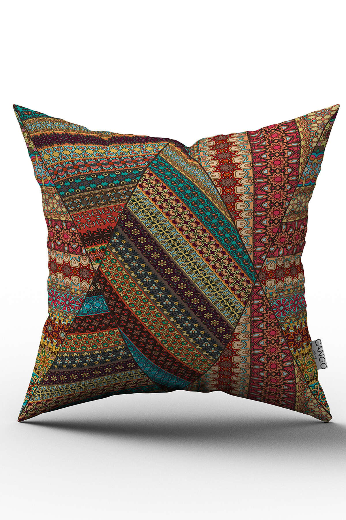 Çift Taraflı Kahverengi Çok Renkli Retro Vintage Desenli Dijital Baskılı Kırlent Kılıfı - OTYK277-CT