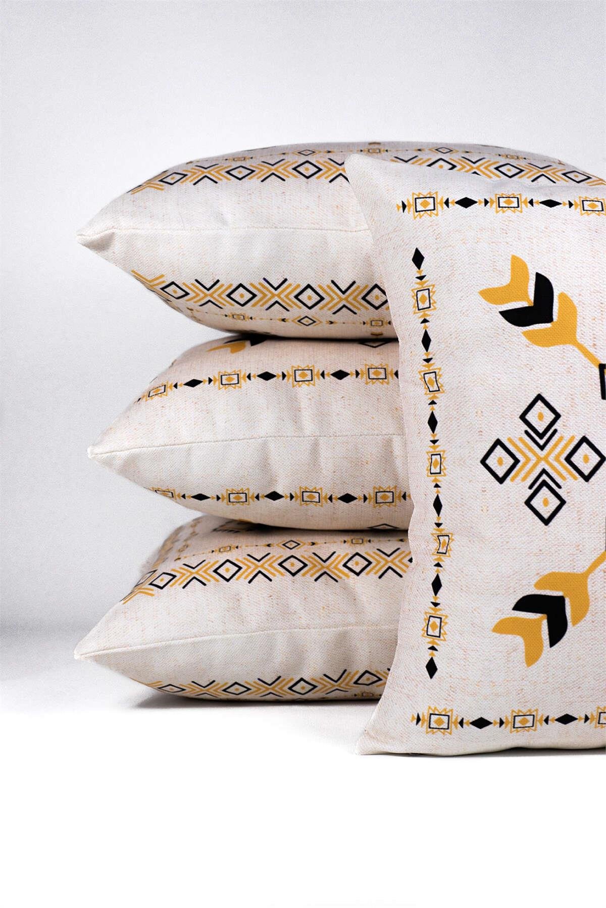 Çift Taraflı Krem Siyah Etnik Kilim Desenli 4'lü Dijital Baskılı Kırlent Kılıfı Seti 4kmbs267-CT