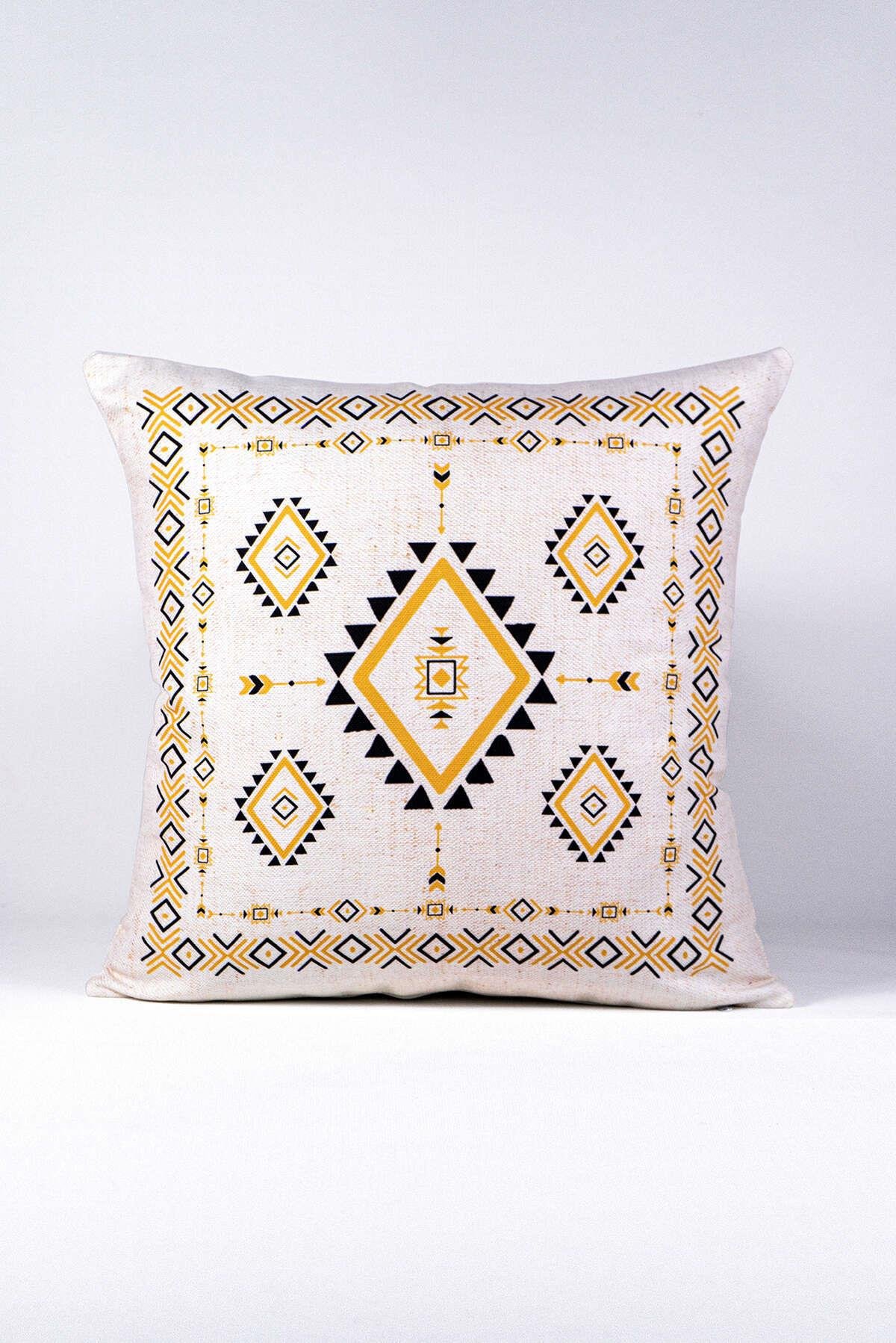 Çift Taraflı Krem Siyah Etnik Kilim Desenli 4'lü Dijital Baskılı Kırlent Kılıfı Seti 4kmbs267-CT