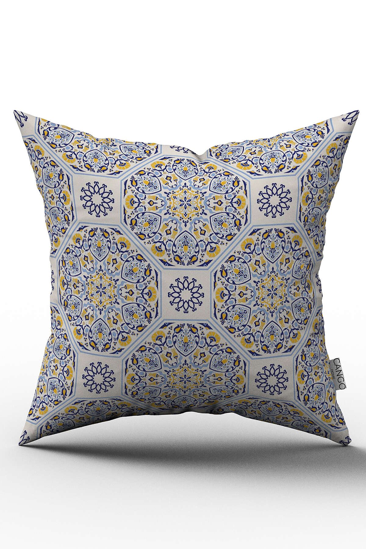 Çift Taraflı Lacivert Sarı Retro Vintage Desenli Dijital Baskılı Kırlent Kılıfı - OTYK031-CT