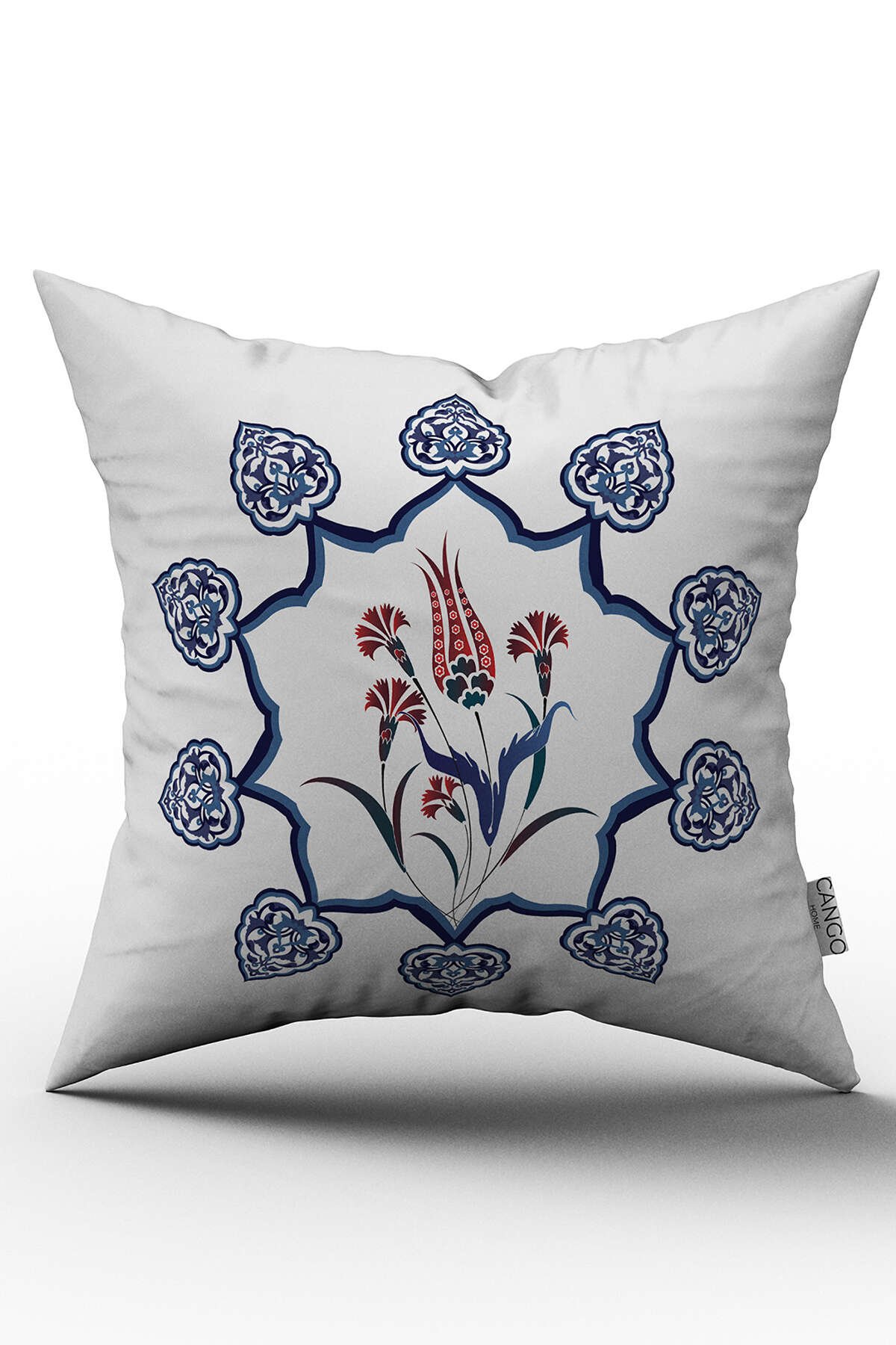 Çift Taraflı Mavi Kırmızı Lale Motifli Etnik Desenli Dijital Baskılı Kırlent Kılıfı - OTYK508-CT